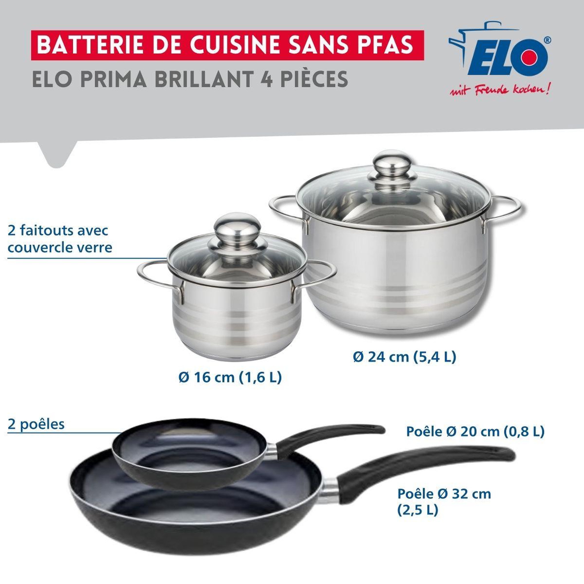 Voir la diapositive 2 : ELO Ensemble de 2 poêles de cuisson 20 et 32 cm et 2 faitouts 16 et 24 cm elo prima brillant
