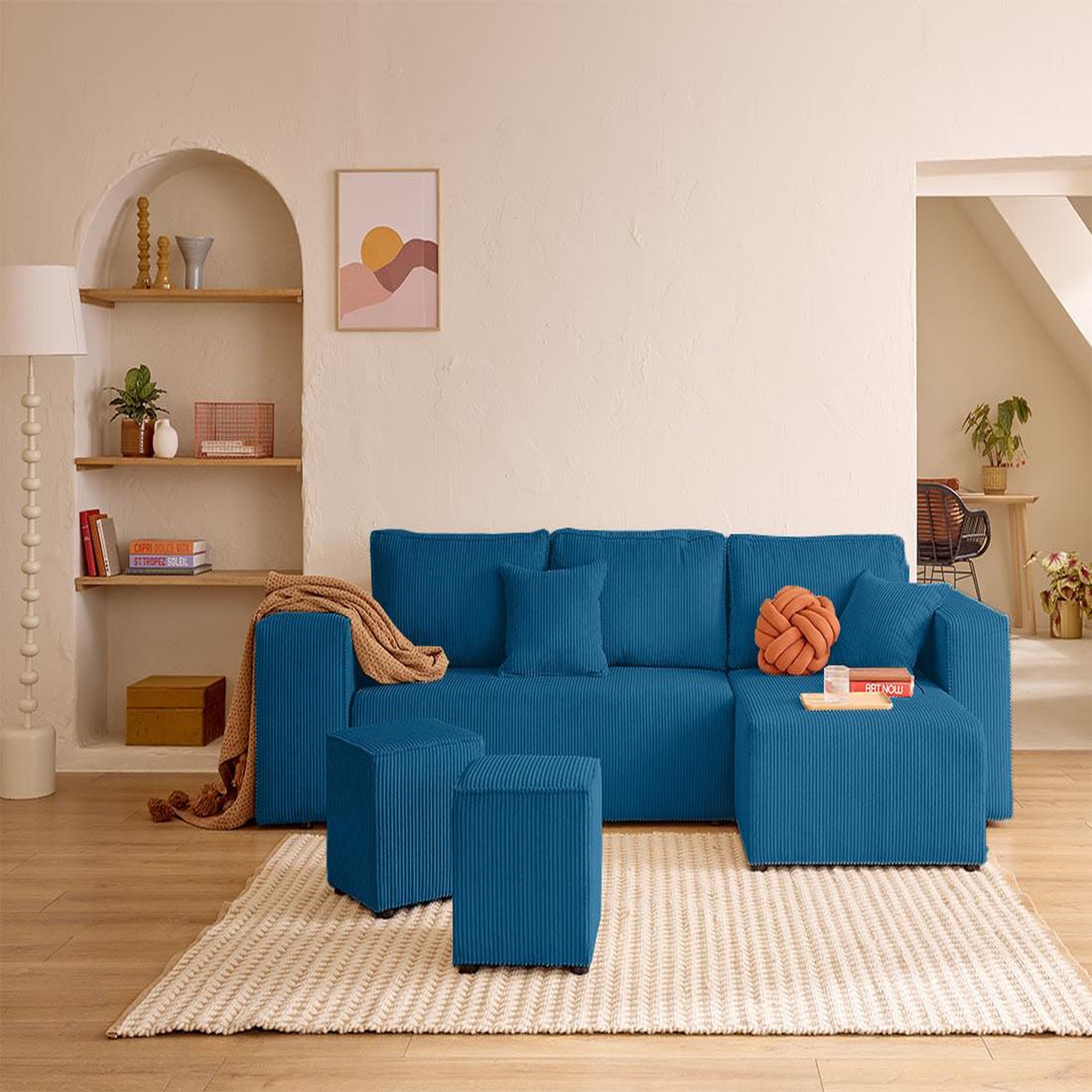 BEST MOBILIER Topaze - canapé d'angle réversible 4 places - convertible avec coffre, tablette et poufs - en velours côtelé. Coloris disponibles : Gris, Orange, Noir, Bleu, Vert, Jaune, Beige