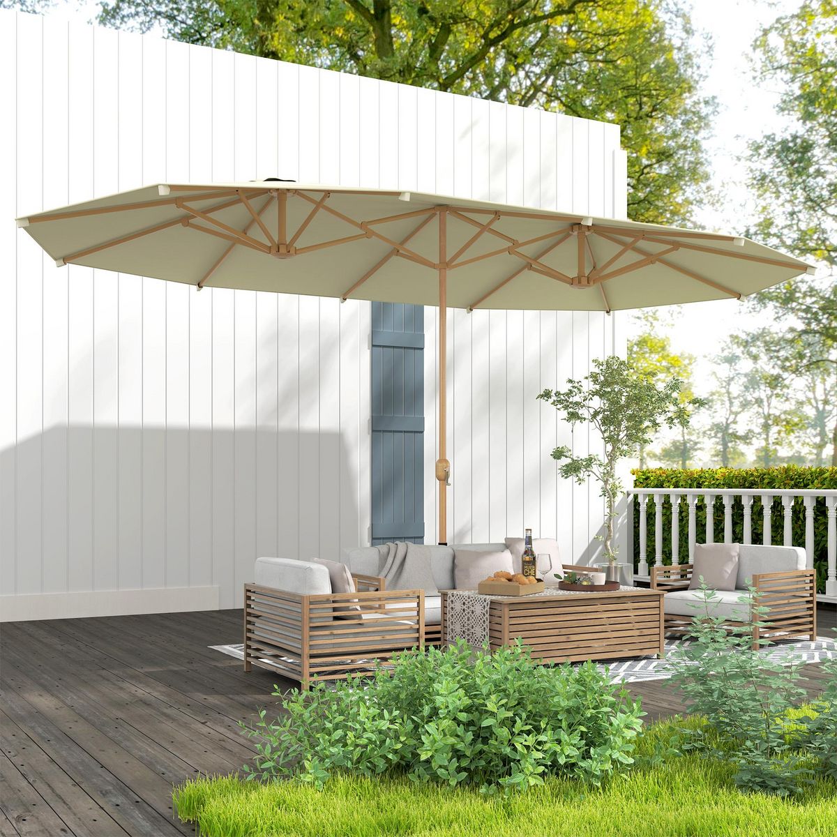 OUTSUNNY Parasol de jardin style exotique XXL dim. 455 x 265 cm ouverture fermeture manivelle acier effet bois tissu beige clair
