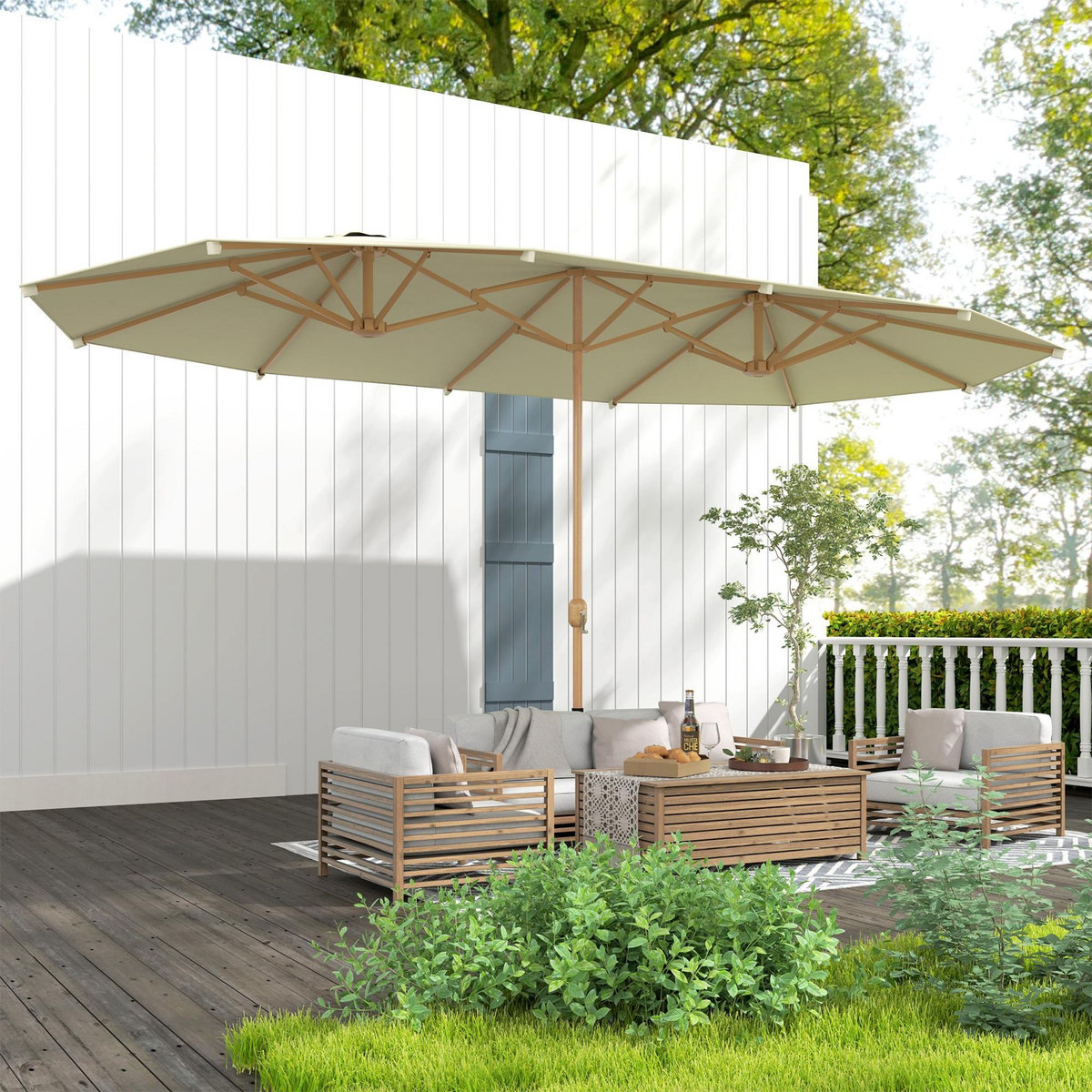 OUTSUNNY Parasol de jardin style exotique XXL dim. 455 x 265 cm ouverture fermeture manivelle acier effet bois tissu beige clair