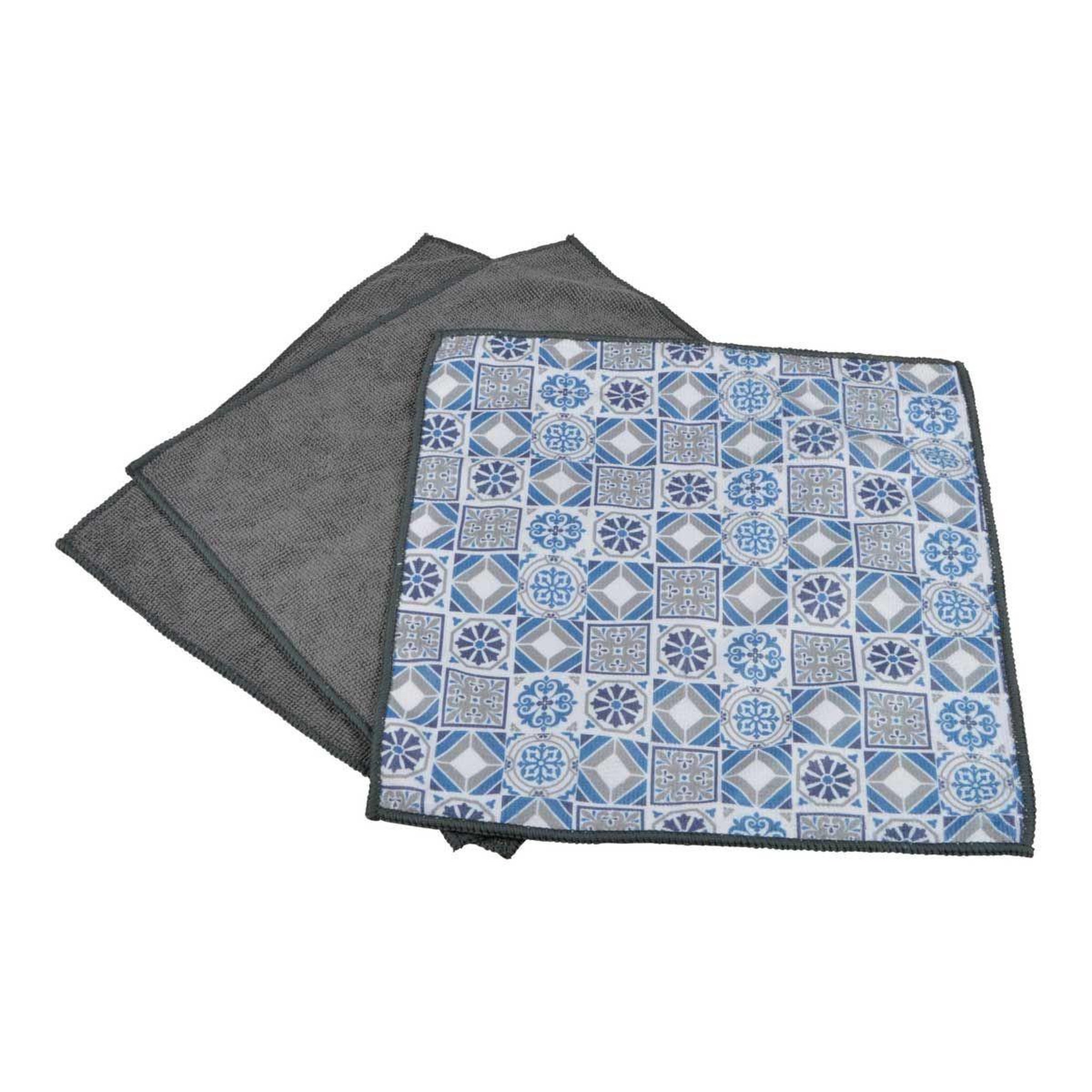HOMEA Lot de 3 chiffons  carreaux de ciment  30x30cm gris
