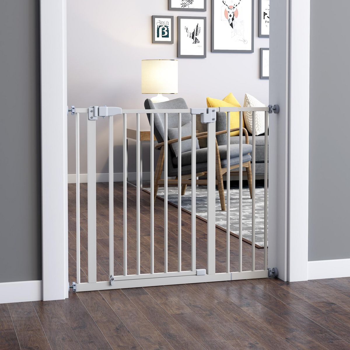 PAWHUT Barrière de sécurité animaux - longueur réglable dim. 74-97,5 cm - porte double verrouillage, ouverture double sens -sans perçage - acier plastique blanc
