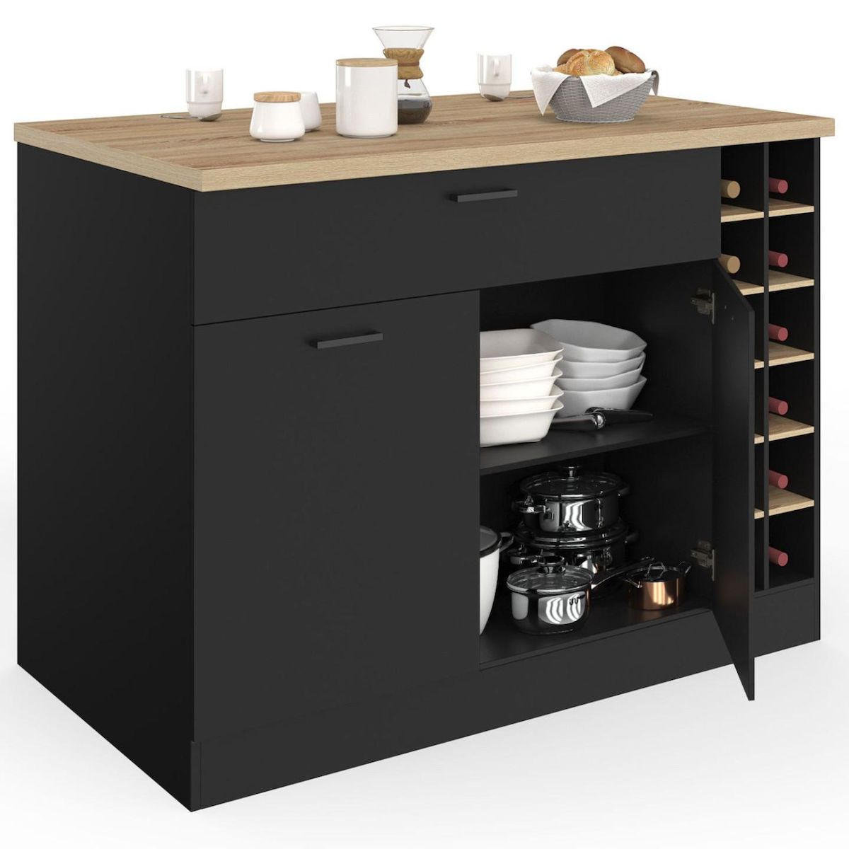 ID MARKET Ilot central GEORGE avec range-bouteilles placard et tiroir bois noir avec plan de travail façon hêtre