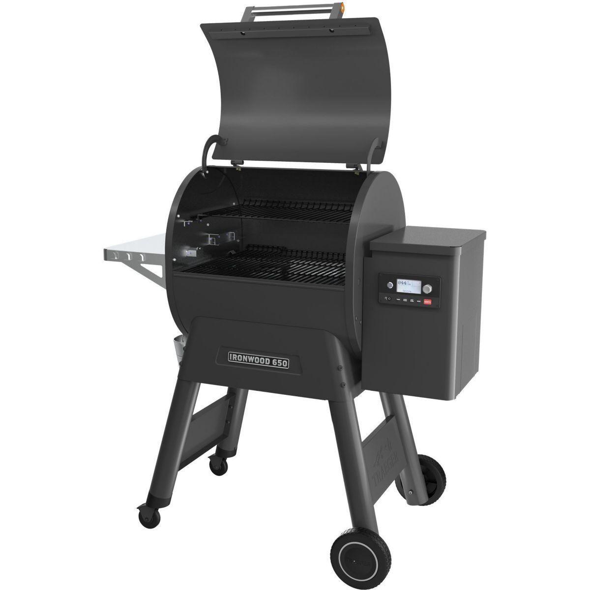 TRAEGER Barbecue pellet Ironwood 650 noir sur chariot, grille haute 56x26.5 cm, grille basse 56x48 cm