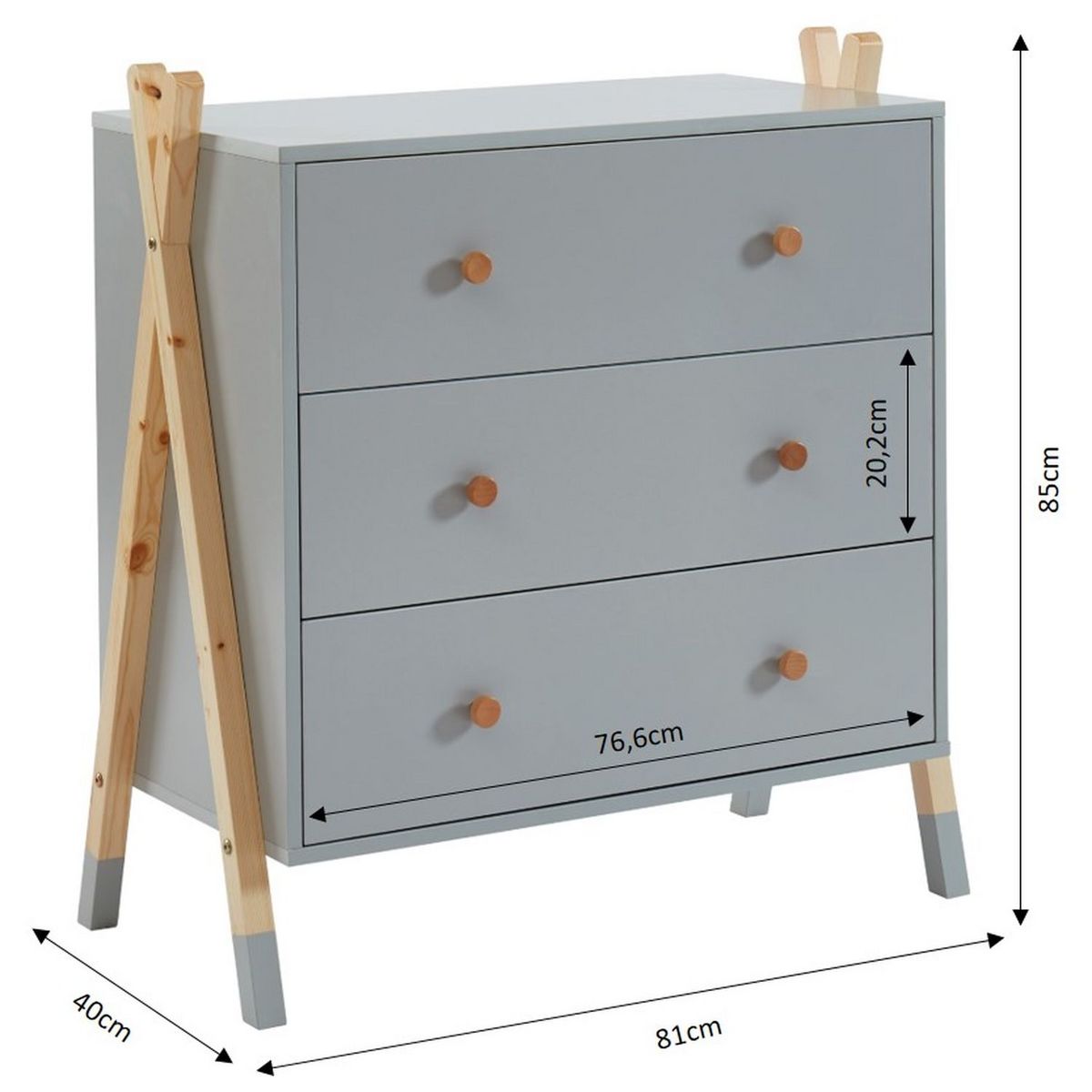 Commode enfant TIPI 3 tiroirs  L81cm AUGUSTIN