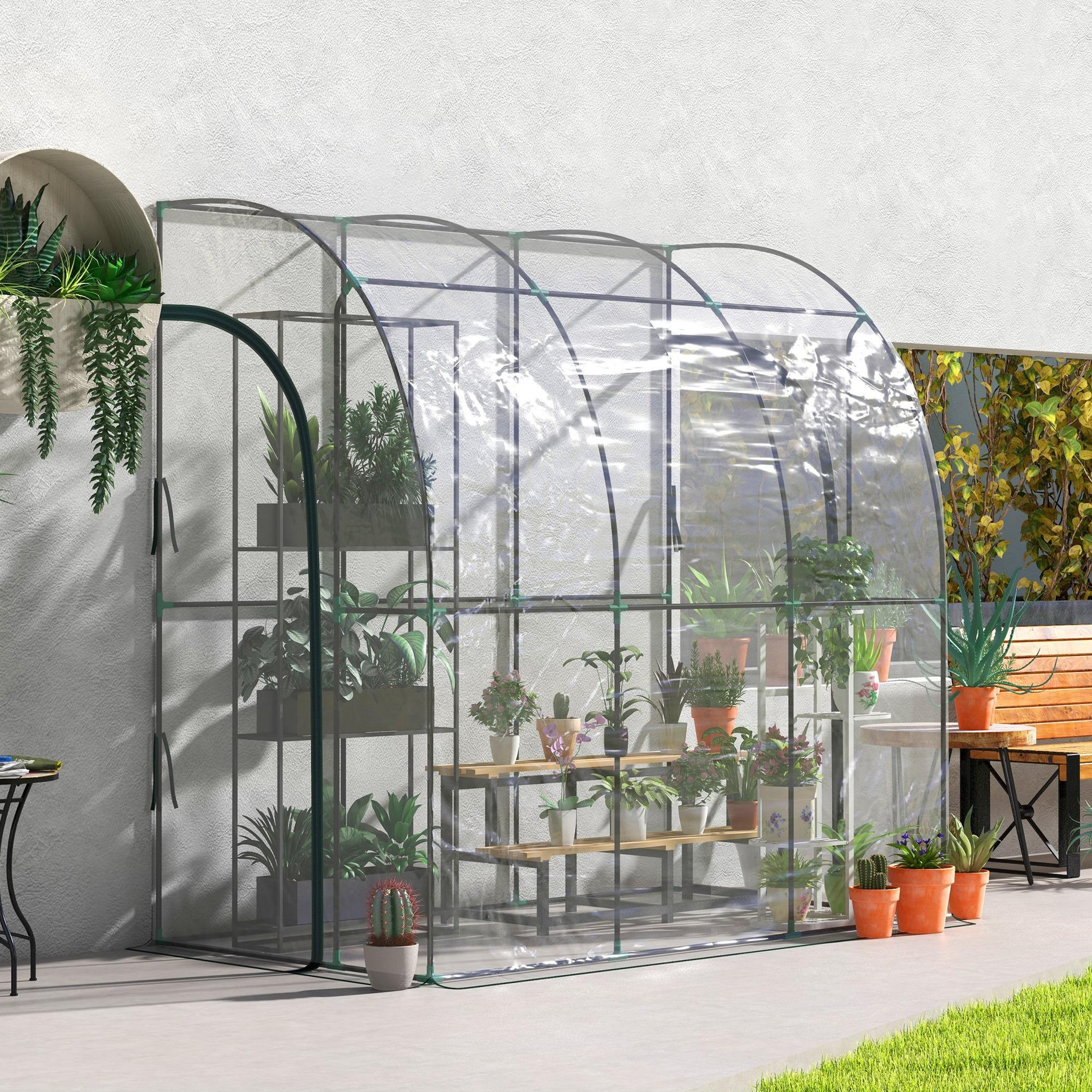 Voir la diapositive 2 : OUTSUNNY Serre de jardin adossée serre adossée dim. 2,14L x 1,18l x 2,12H m 2 portes zippées enroulables acier PVC transparent