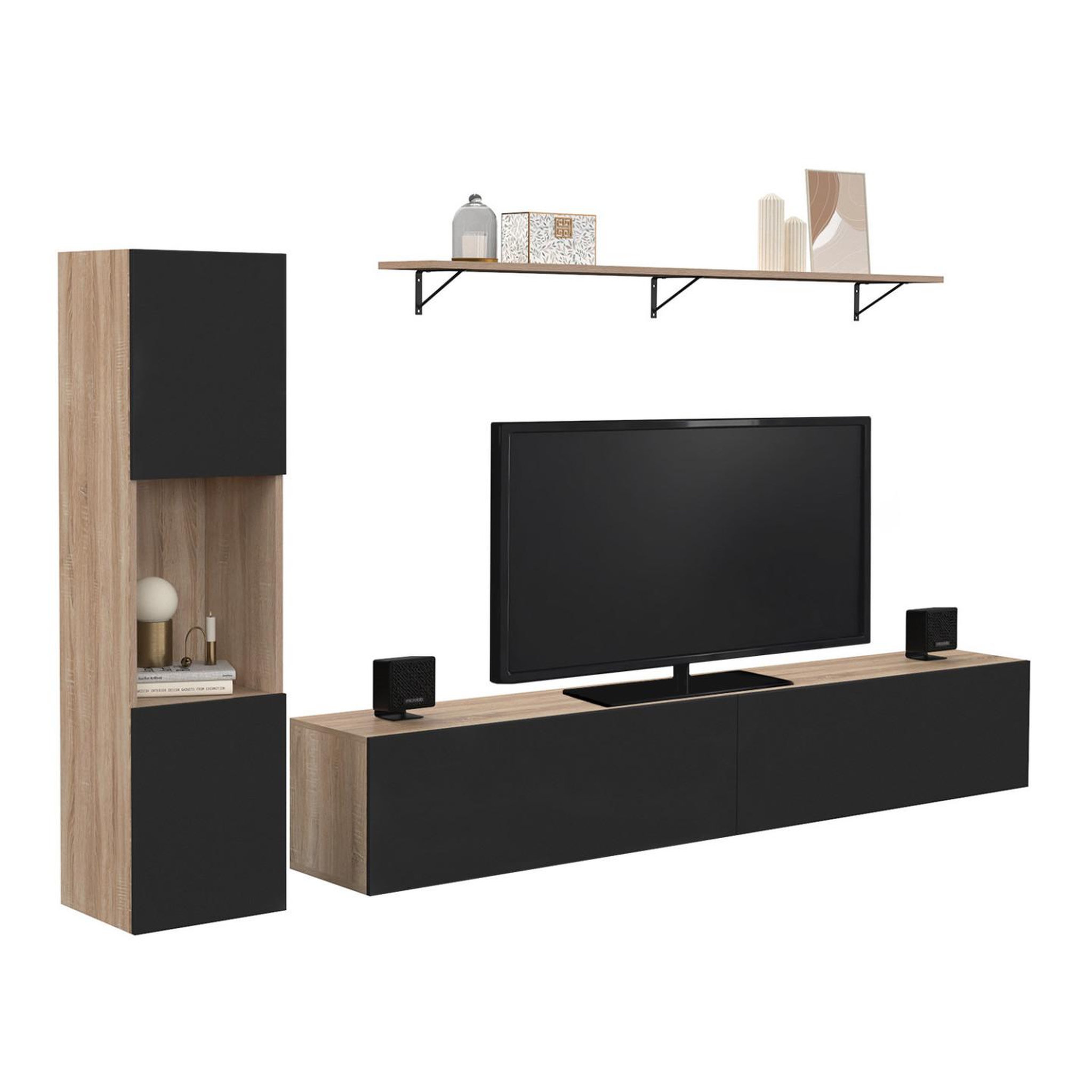 ID MARKET Ensemble meuble tv 180 cm avec colonne et étagère elio bois et noir
