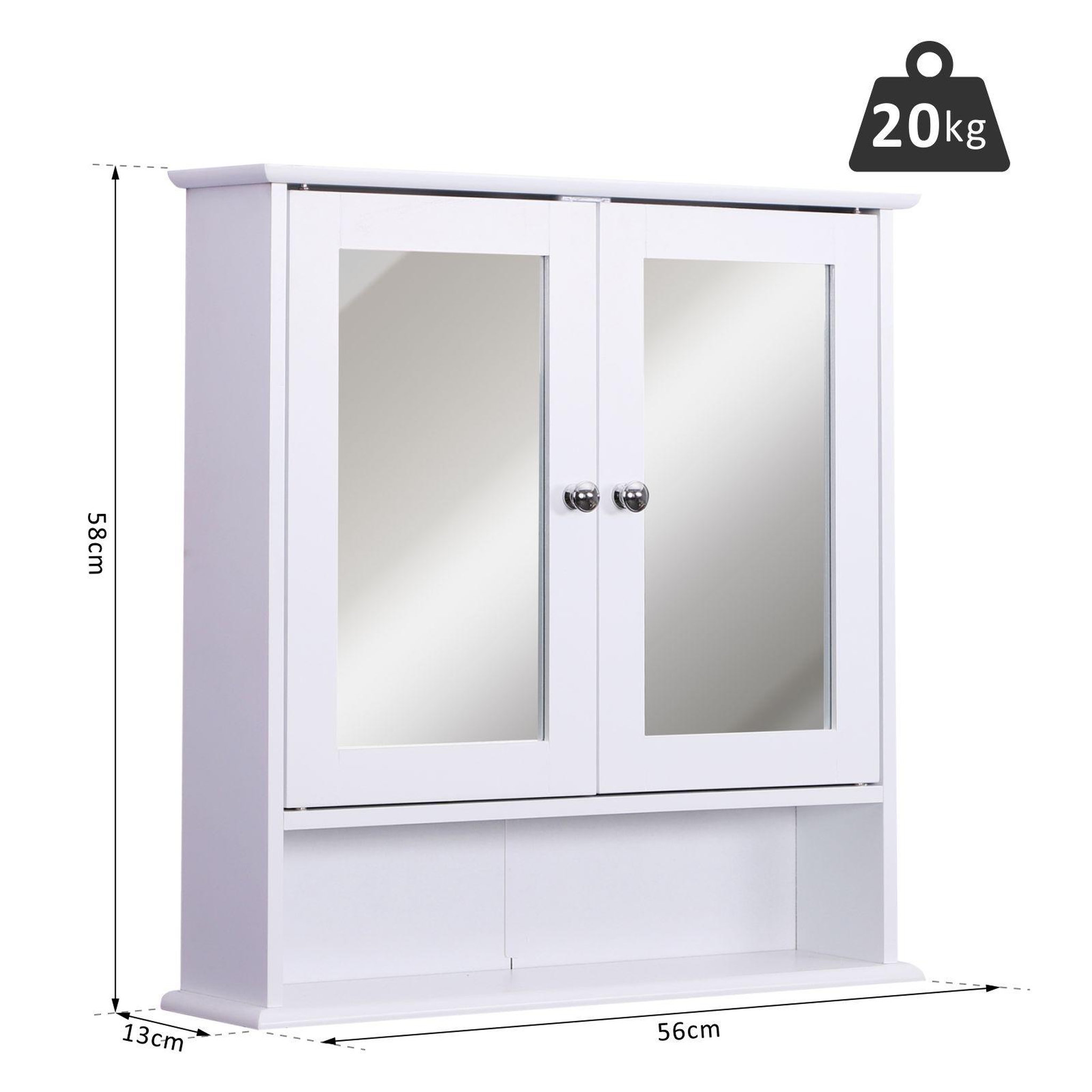 Voir la diapositive 3 : HOMCOM Armoire murale étagère salle de bain 56l x 13l x 58h cm double porte miroir étagère réglable mdf blanc