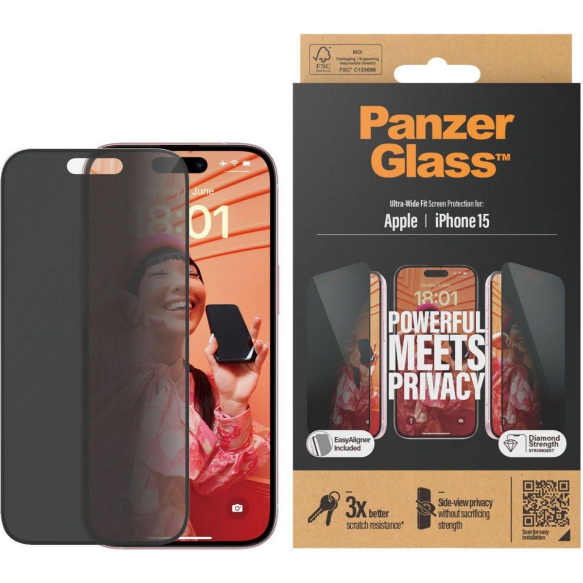 PANZERGLASS Protège écran iPhone 15 Privacy + applicateur