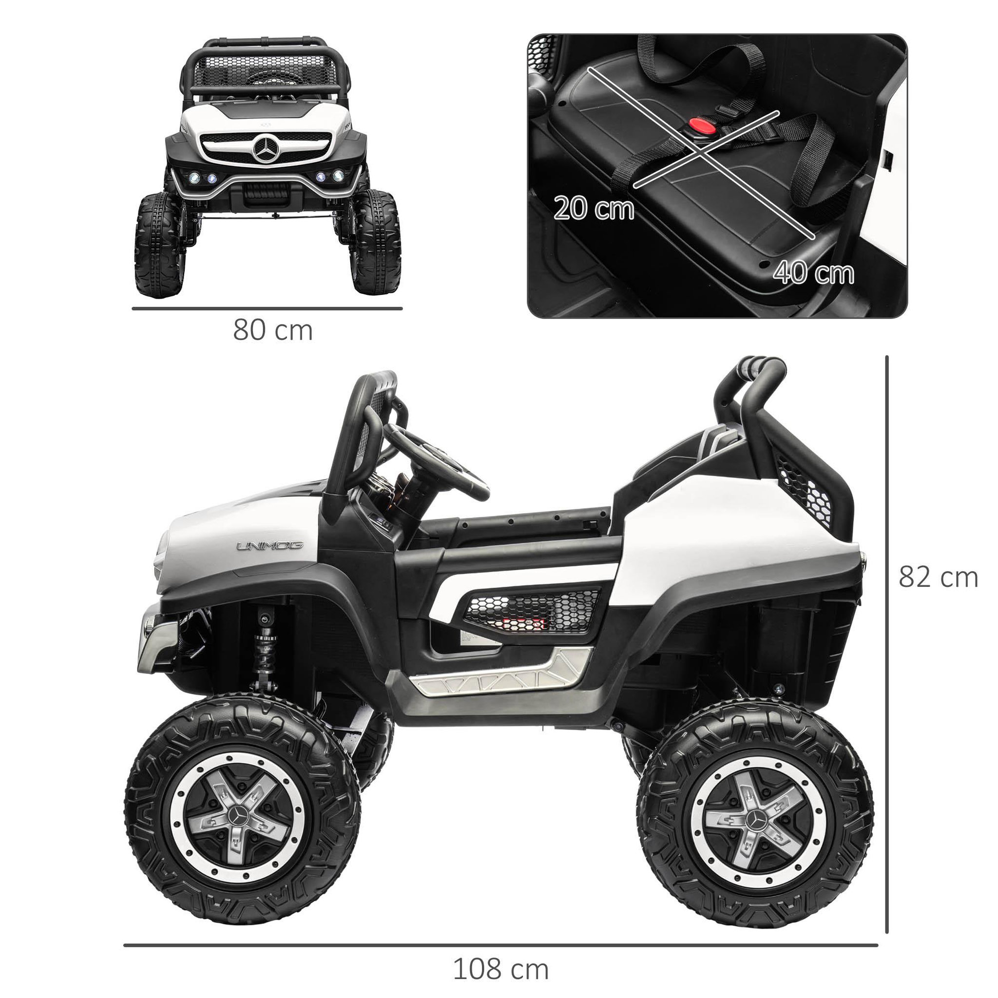 Voir la diapositive 3 : HOMCOM Voiture électrique 4x4 pour enfants de 3 à 8 ans 12 V Mercedes-Benz Unimog 2 moteurs avec télécommande, roues suspendues, klaxons, lumières, musique, blanc