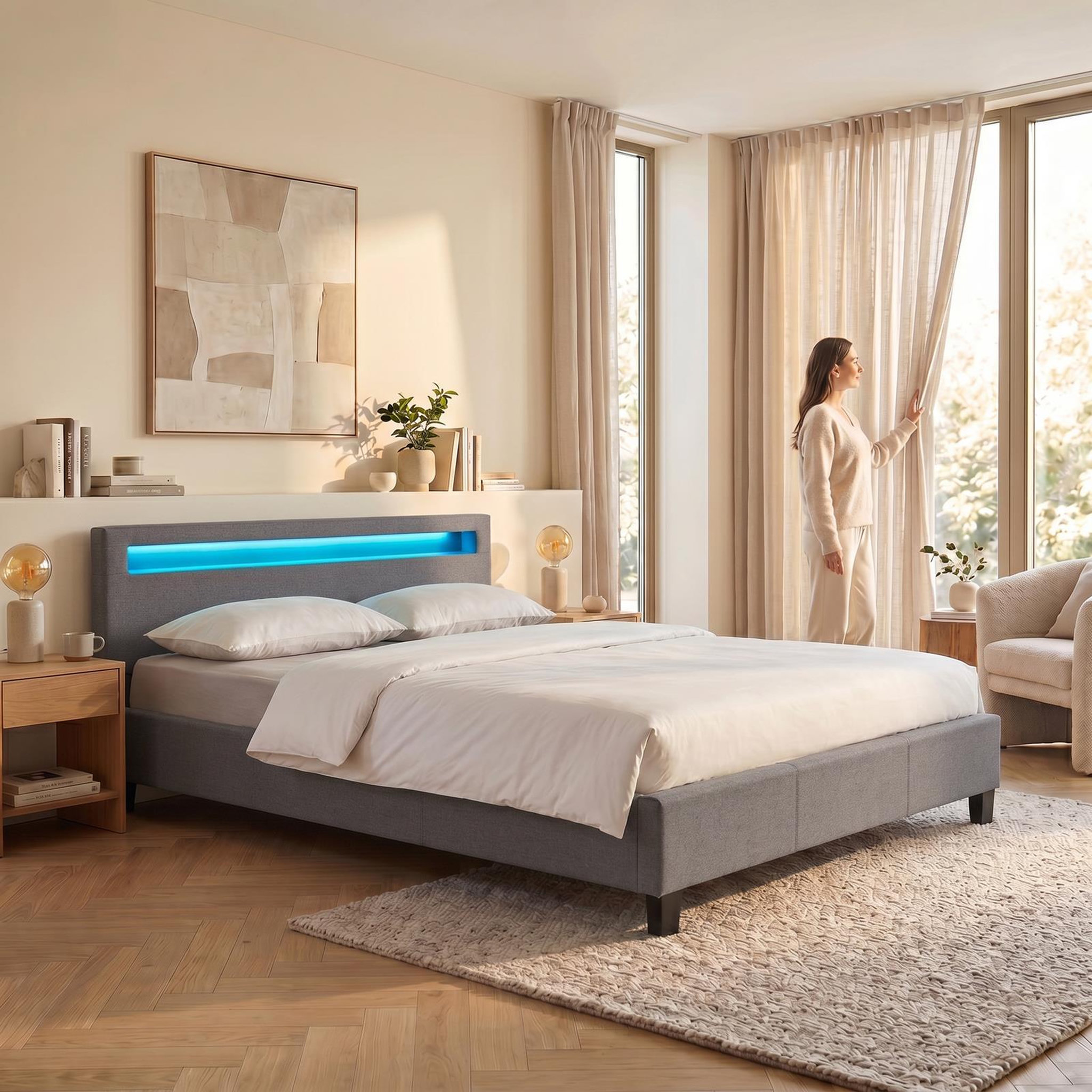 Voir la diapositive 2 : IDIMEX Lit LED double RIOJA 140x190 cm, avec sommier, revêtement tissu