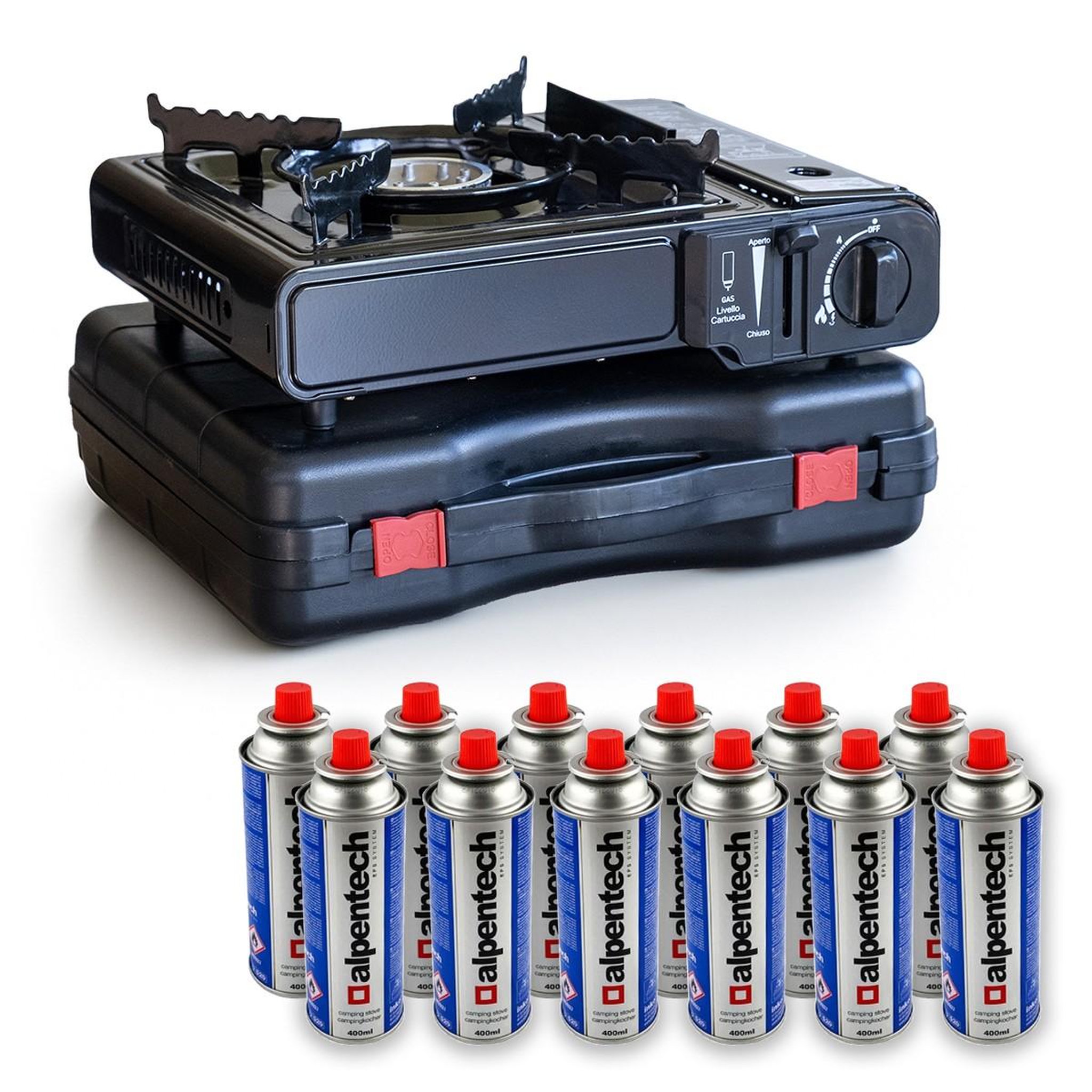 Voir la diapositive 1 : BRIXO Réchaud à gaz 2200w + 12 cartouches de gaz butane camping
