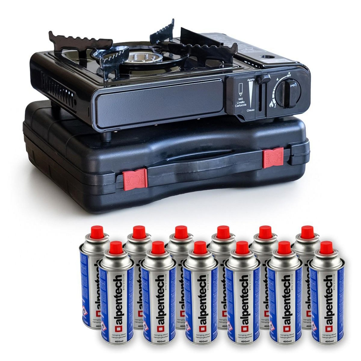 BRIXO Réchaud à gaz 2200W + 12 cartouches de gaz butane Camping