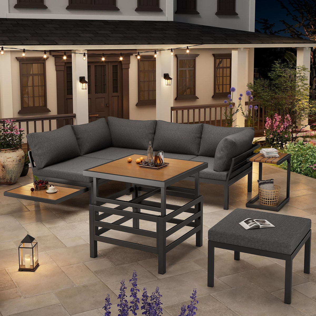 MERAX Salon de jardin 4 places en fer avec 2 canapés pouf, table extensible, coussins mousse HD, gris