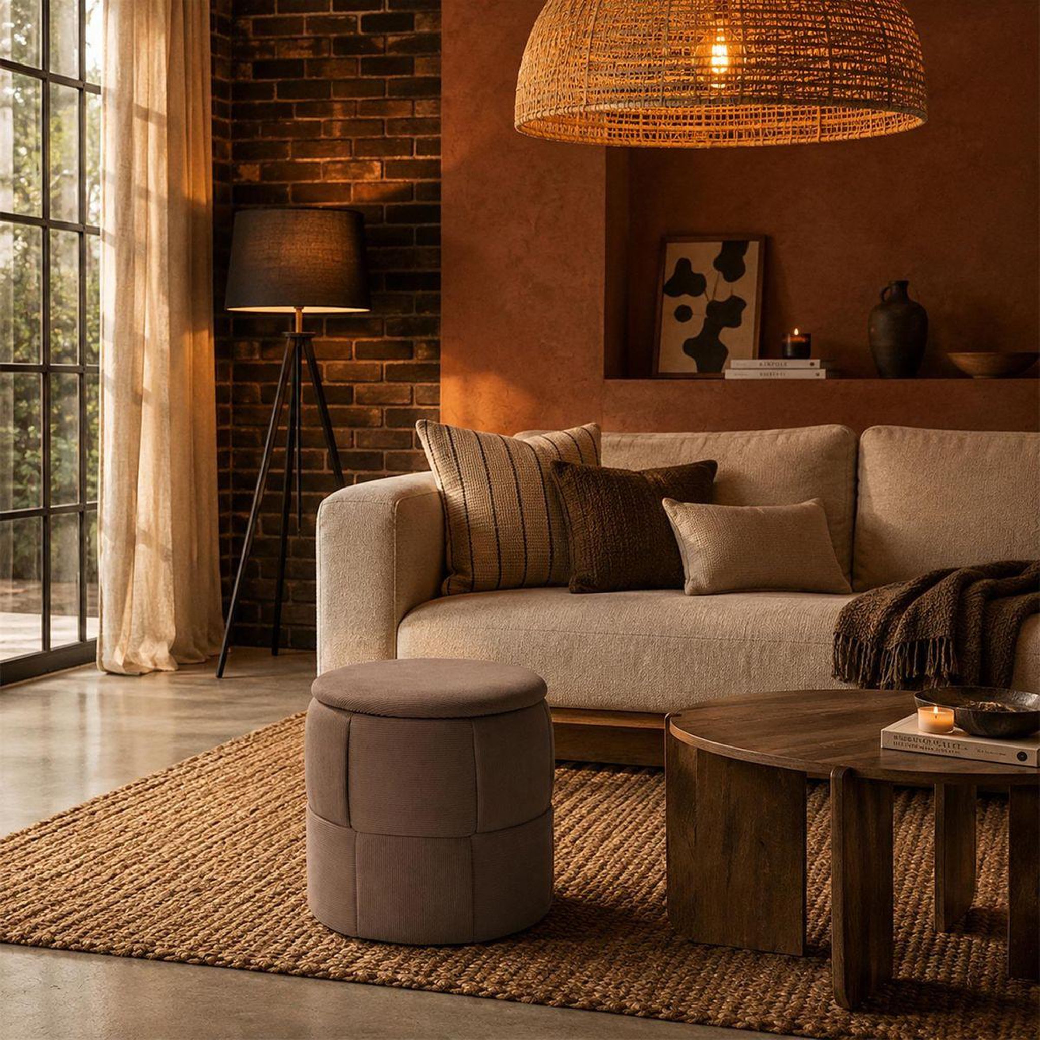 Voir la diapositive 4 : The Home Deco Factory Pouf Coffre Tressé Côtelé  Jules  38cm Taupe