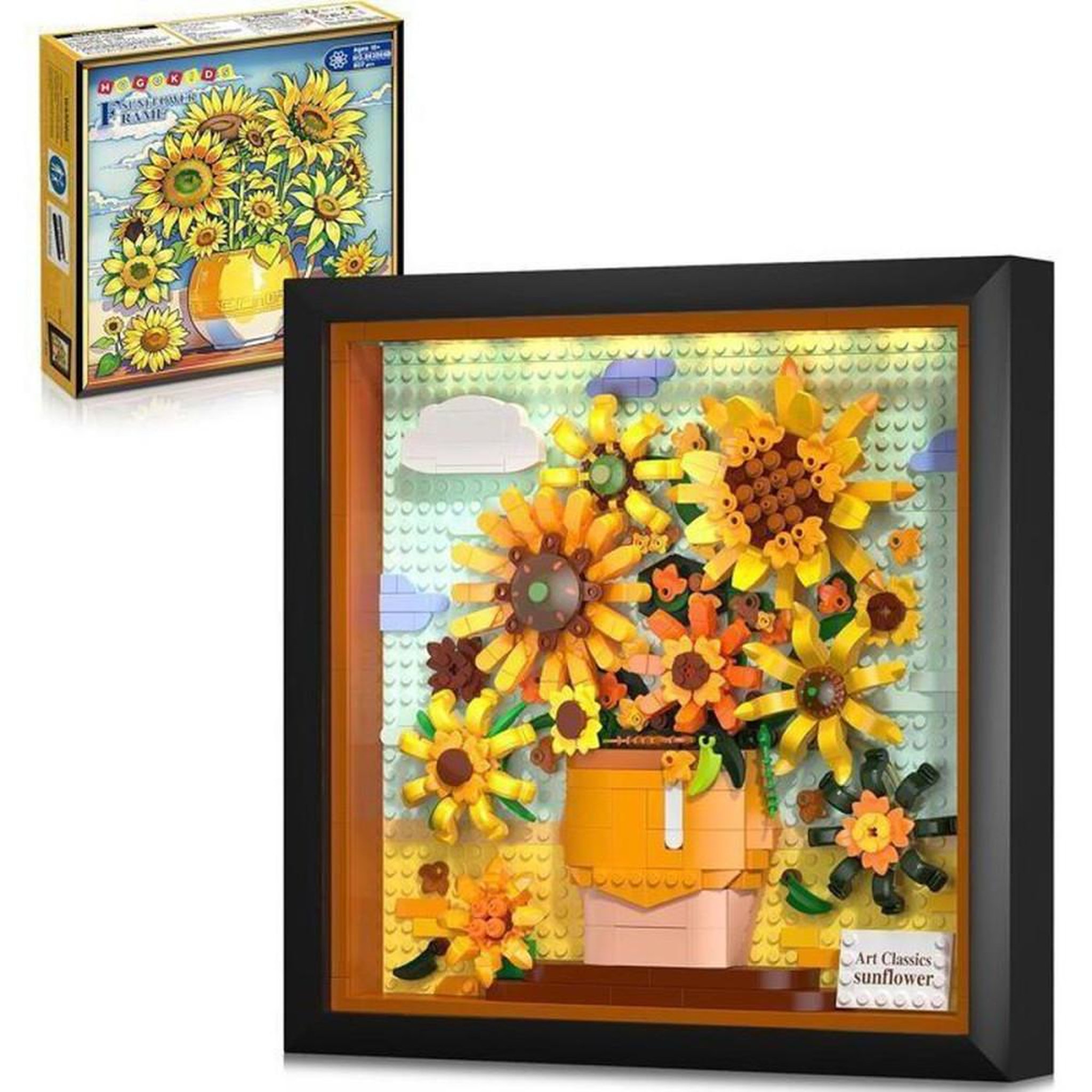 Kit cadres de briques LED HOGOKIDS « Sunflowers » inspiré de Van Gogh, 807 pièces, cadre noir, ABS, alimentation USB