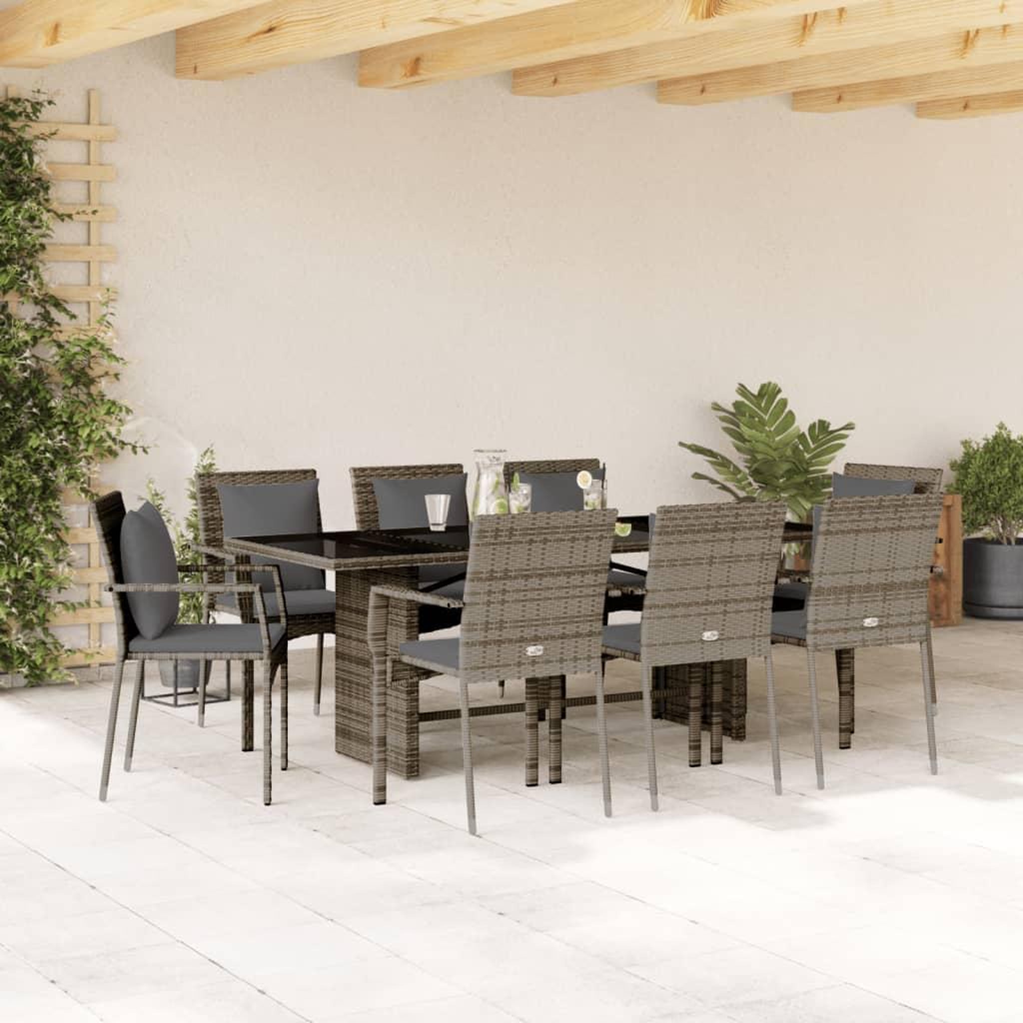 VIDAXL Ensemble a manger de jardin 9 pcs coussins gris resine tressee