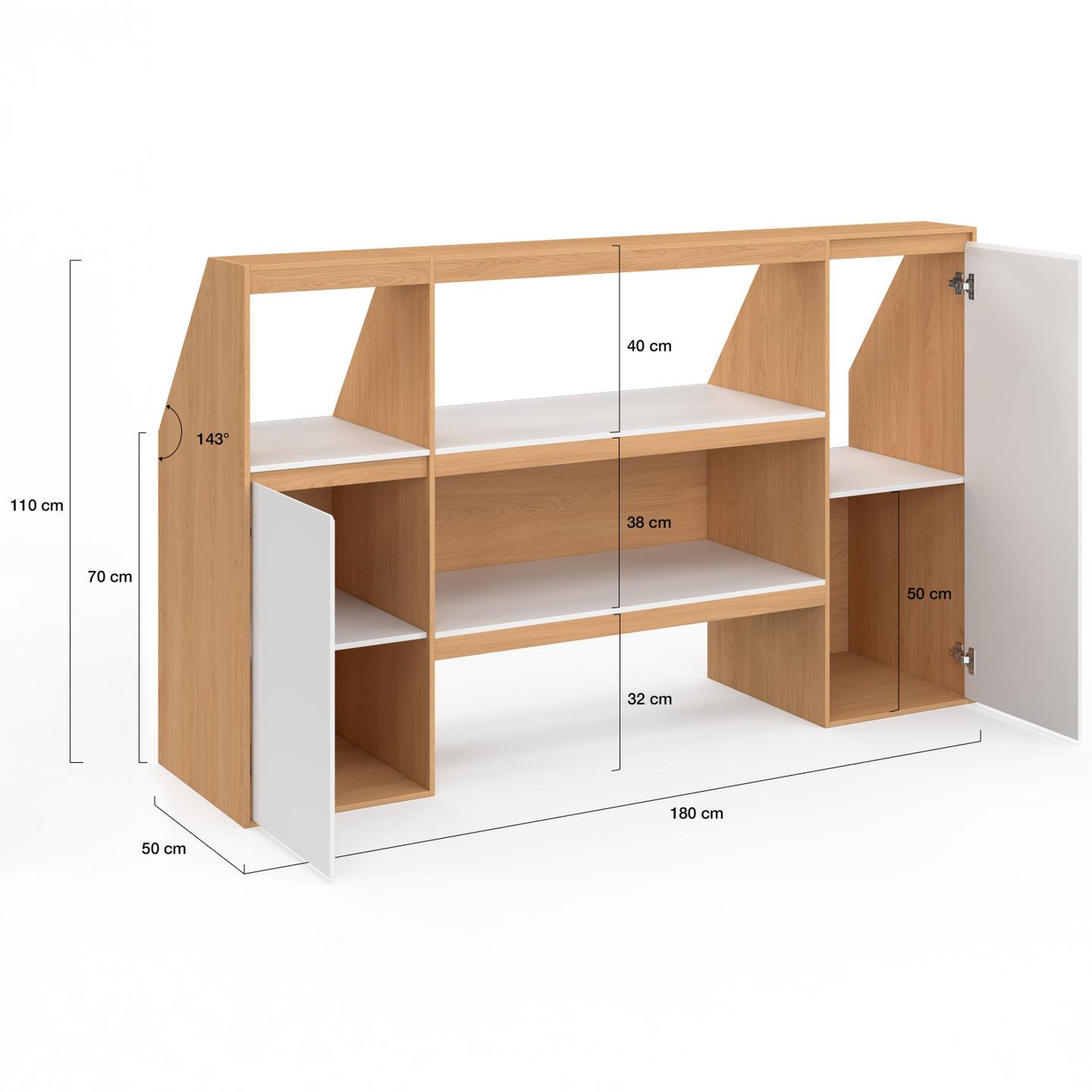 Voir la diapositive 5 : ID MARKET Ensemble étagère 2 niveaux, armoire 1 porte et armoire 1 porte + 1 niche sous pente tomi hêtre et blanc