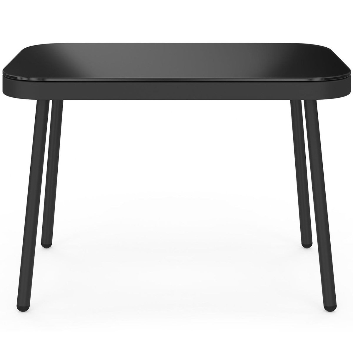 ID MARKET Salon de jardin bas RIO 4 places modulable structure métal noir, cordage effet rotin clair avec coussins noirs et table basse