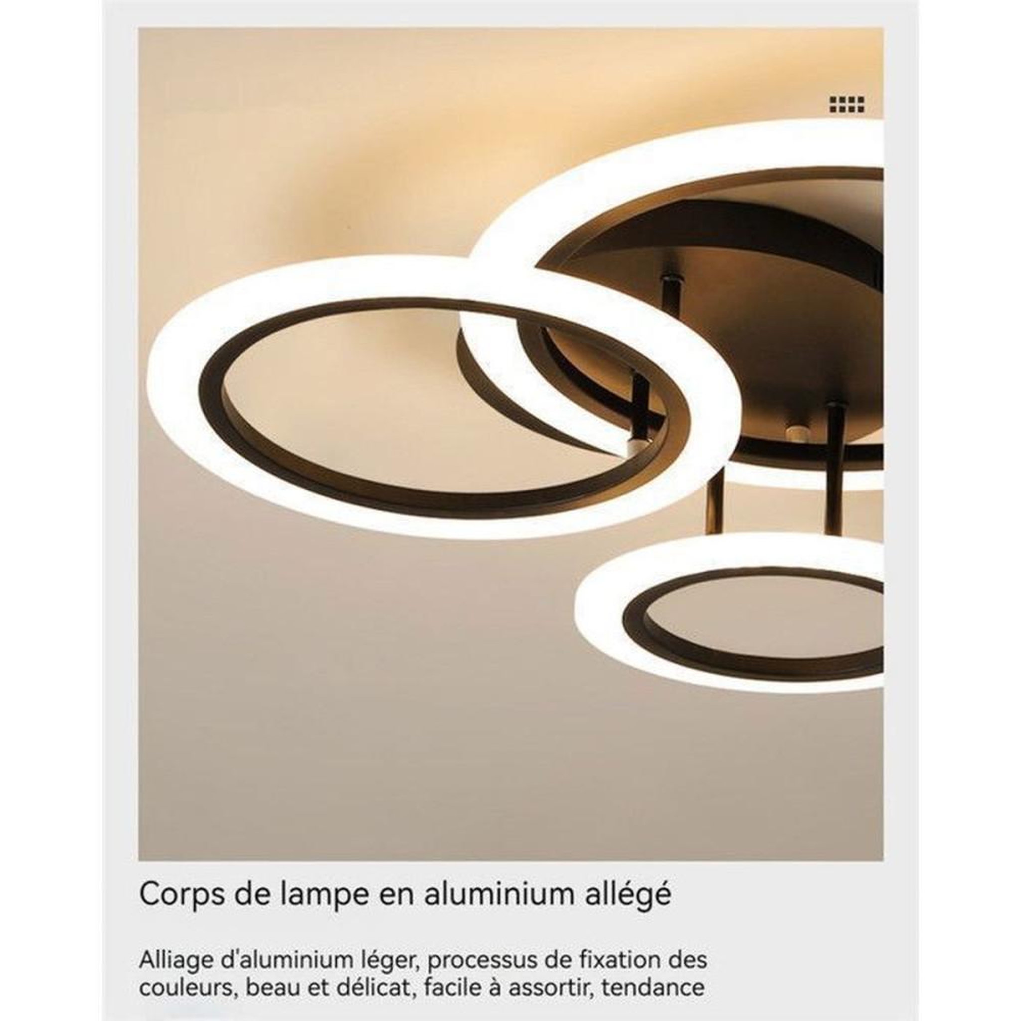 Voir la diapositive 3 : Plafonnier LED 3 anneaux circulaires dimmable 45 W 55 cm lumière CCT 2700-6500 K, métal noir mat et diffuseur acrylique