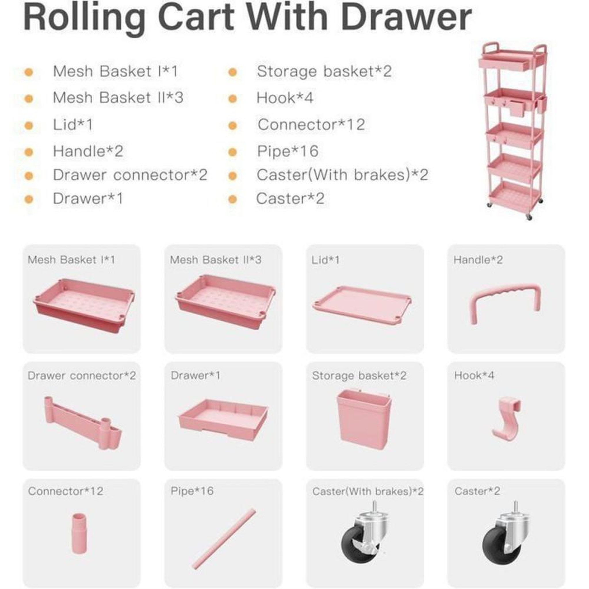 Voir la diapositive 6 : chariot de cuisine sur roulettes 5 niveaux en maille rose avec tiroir verrouillable SPACEKEEPER