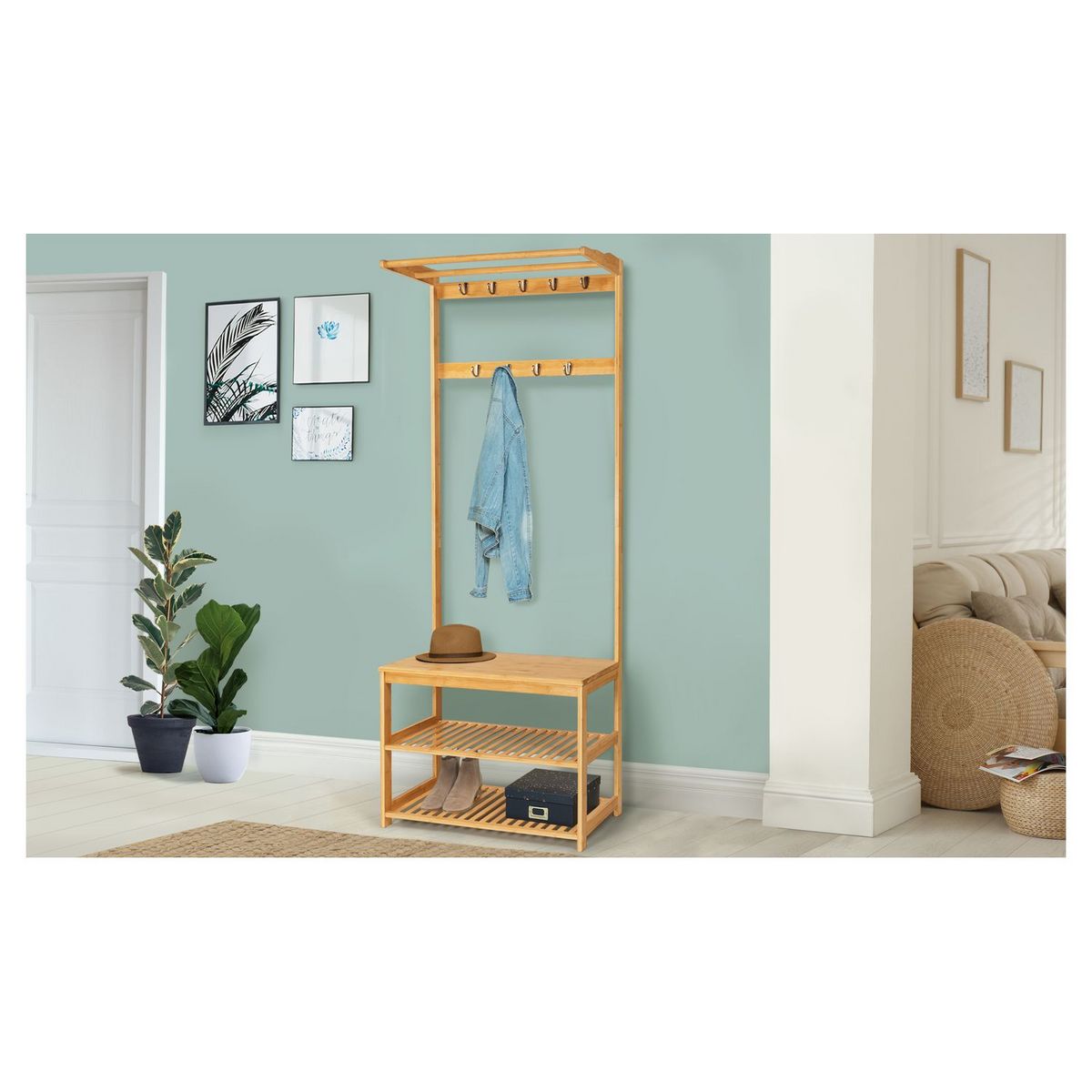 Meuble d'entrée vestiaire porte manteau range chaussures en bambou MAOA