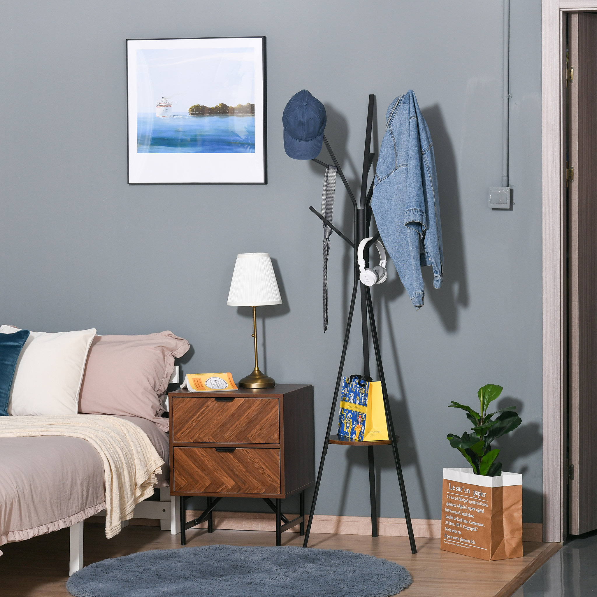 Voir la diapositive 2 : HOMCOM HOMCOM Porte-manteau trépied design contemporain branches étagère + 9 patères dim. 45L x 45l x 180H cm métal marron