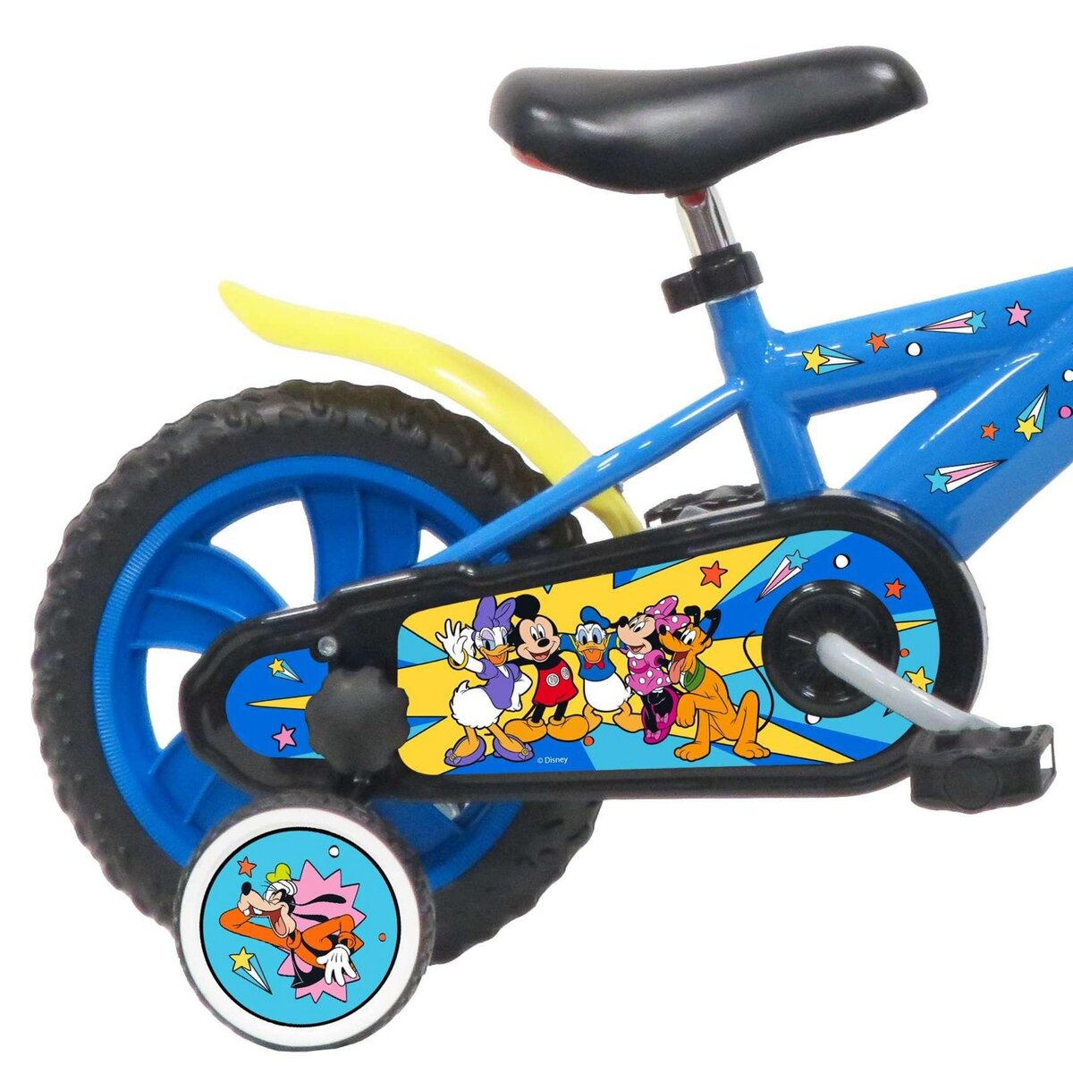 Disney Mickey Vélo enfant 12'' - Modèle  Mickey  pour enfant de 85 à 100 cm - Livré avec stabilisateurs - Plaque décorative avant - 1 frein et roues à bâtons