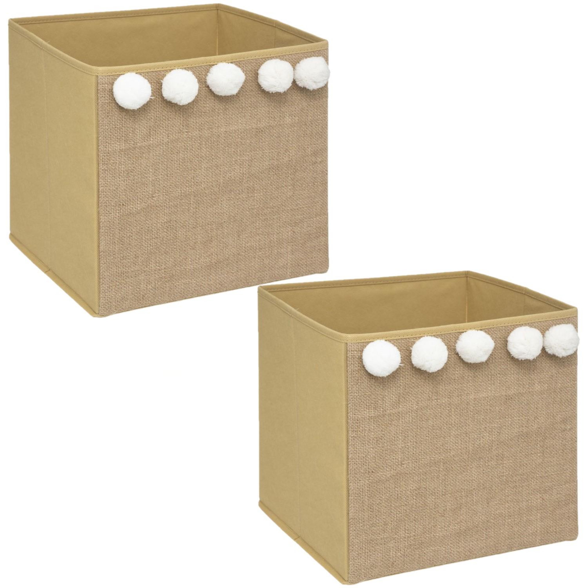 TOILINUX Lot de 2 boîtes de rangement enfant avec 5 pompons - l. 29 x l. 29 cm - marron et blanc