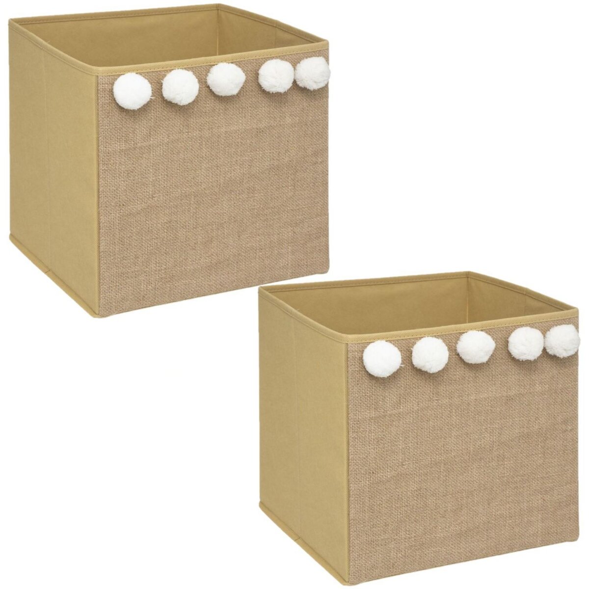 TOILINUX Lot de 2 Boîtes de rangement enfant avec 5 Pompons - L. 29 x l. 29 cm - Marron et Blanc