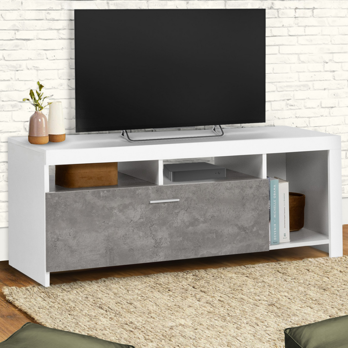 ID MARKET Meuble TV 110 cm MALO blanc et placard effet béton