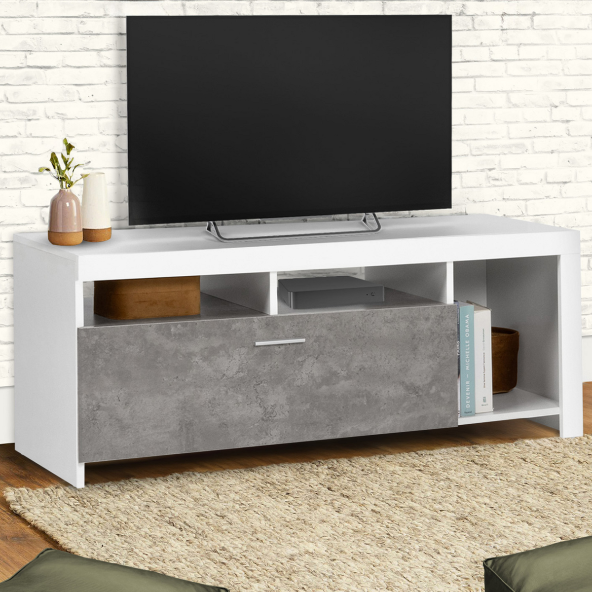 ID MARKET Meuble TV 110 cm MALO blanc et placard effet béton