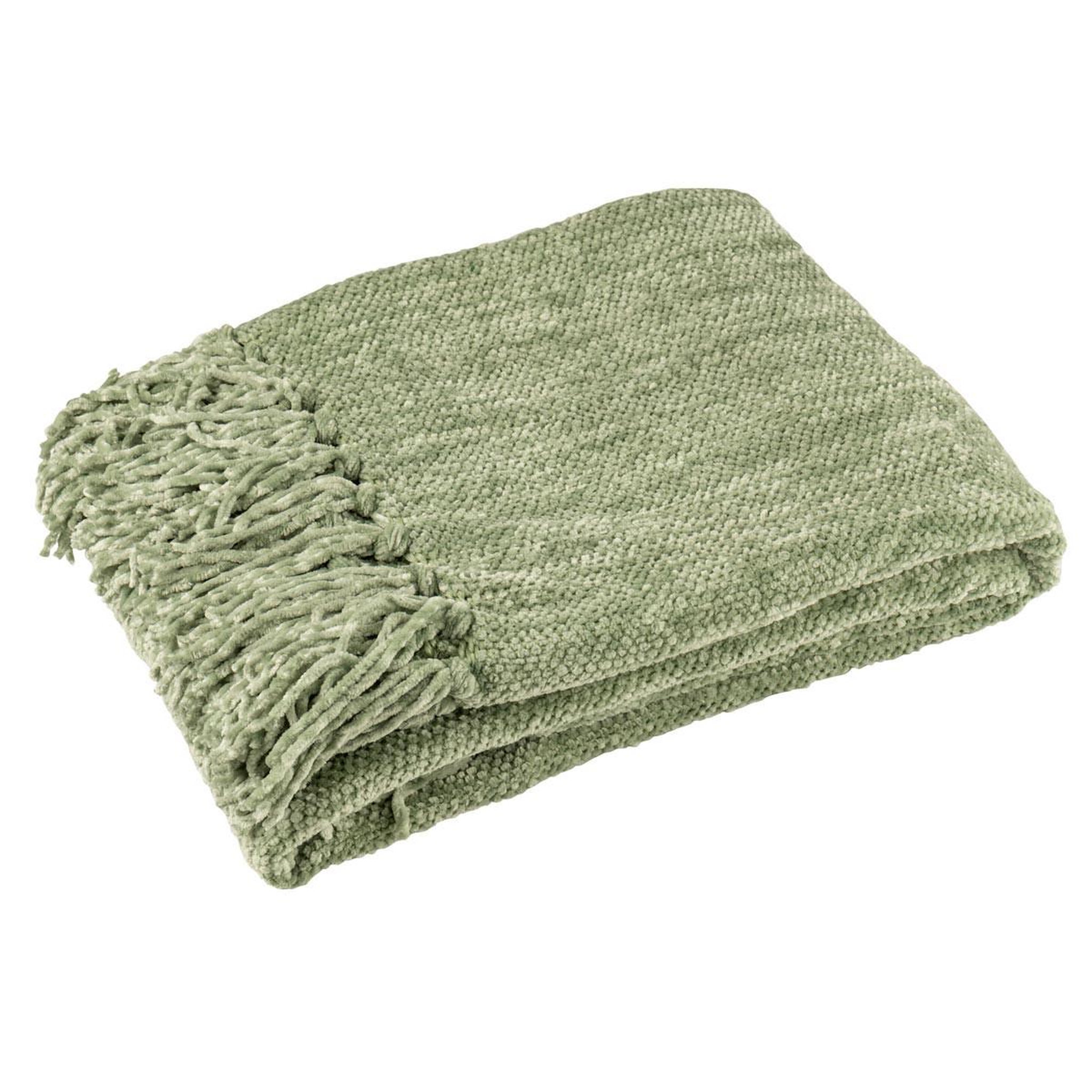 J-LINE Plaid à franges  chenille  130x170cm vert mousse