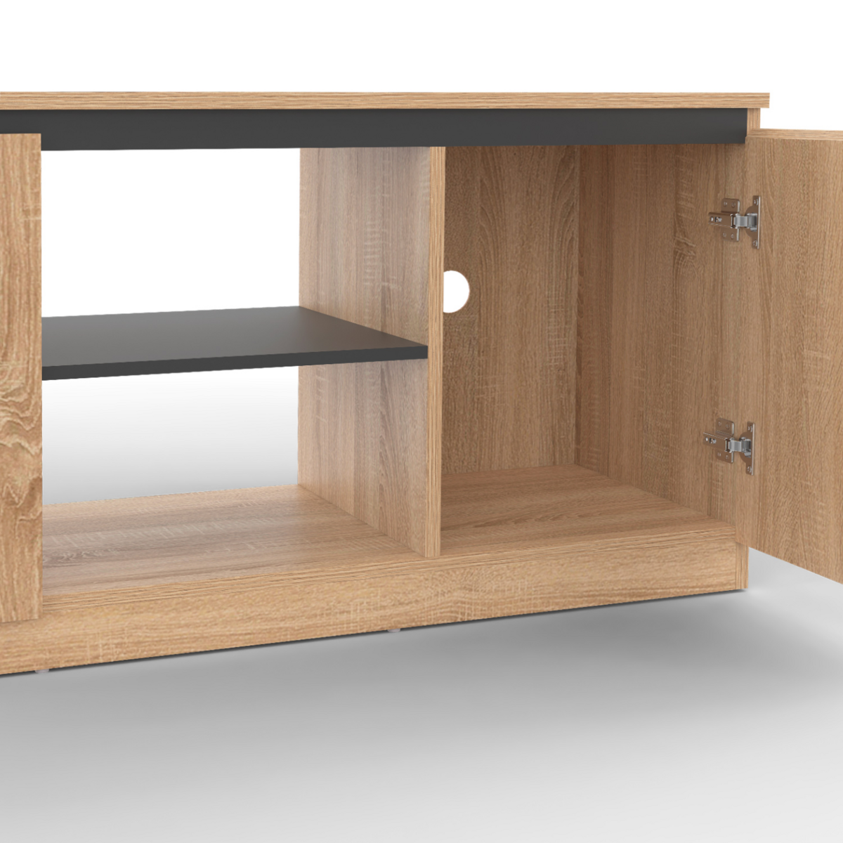 ID MARKET Meuble TV TOMI 3 portes bois façon hêtre et noir 140 cm