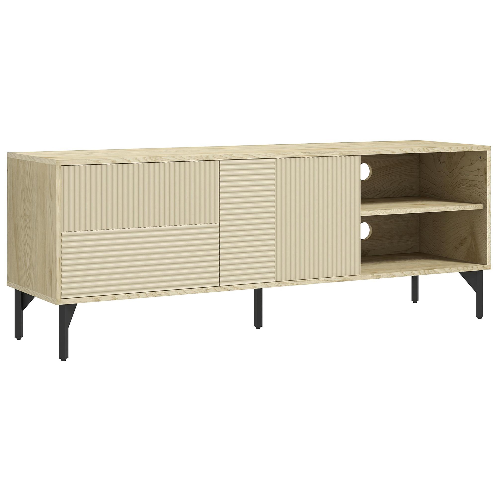 Voir la diapositive 1 : HOMCOM Meuble TV banc TV design Urban Craft - 2 portes, 2 étagères, 2 niches - piètement acier noir - aspect chêne clair