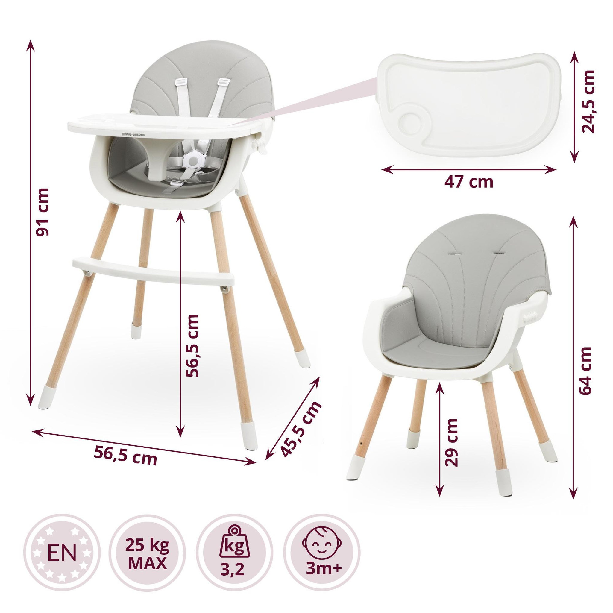 Voir la diapositive 6 : MOBY SYSTEM Chaise Haute Bébé +6 mois Evolutive, Chaise Enfant en Bois, 2 niveaux, poids max 25 Kg avec Plateau