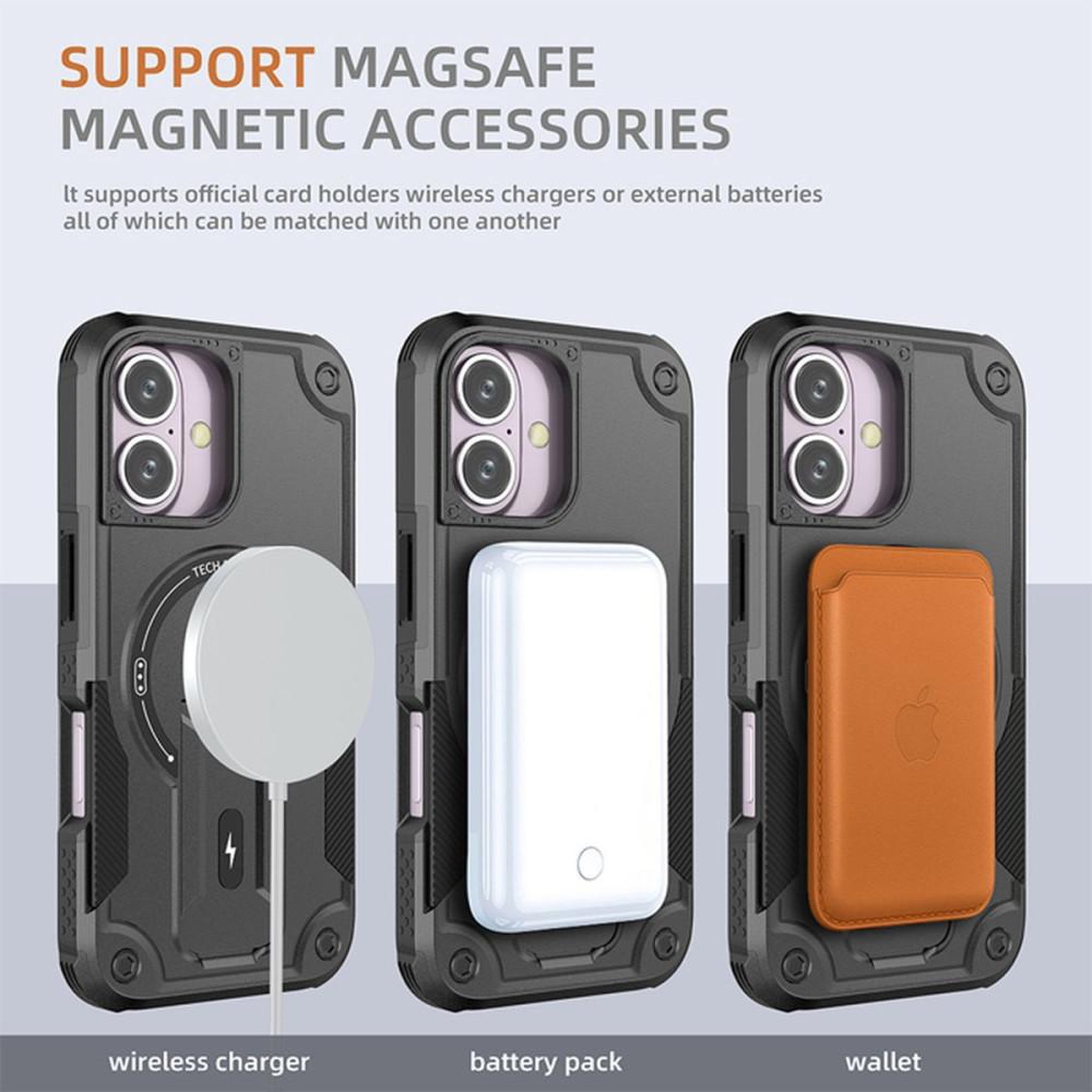 Voir la diapositive 6 : Coque iPhone 16 magnétique MagSafe noire HCT STYLE, protection 360° antichoc, bords relevés pour écran et caméra, angles renforcés, support intégré et compatible chargeur sans fil