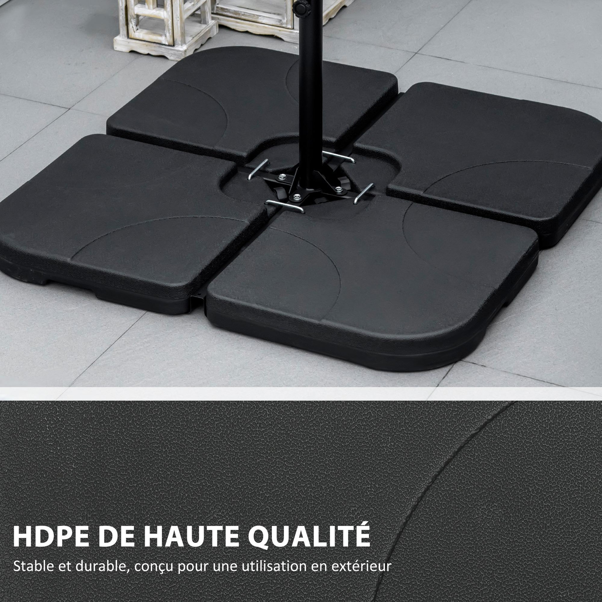 Voir la diapositive 6 : OUTSUNNY Pied de parasol lot de 4 dalles pour parasol à lester dim. tot. 104L x 104l x 7,5H cm HDPE noir