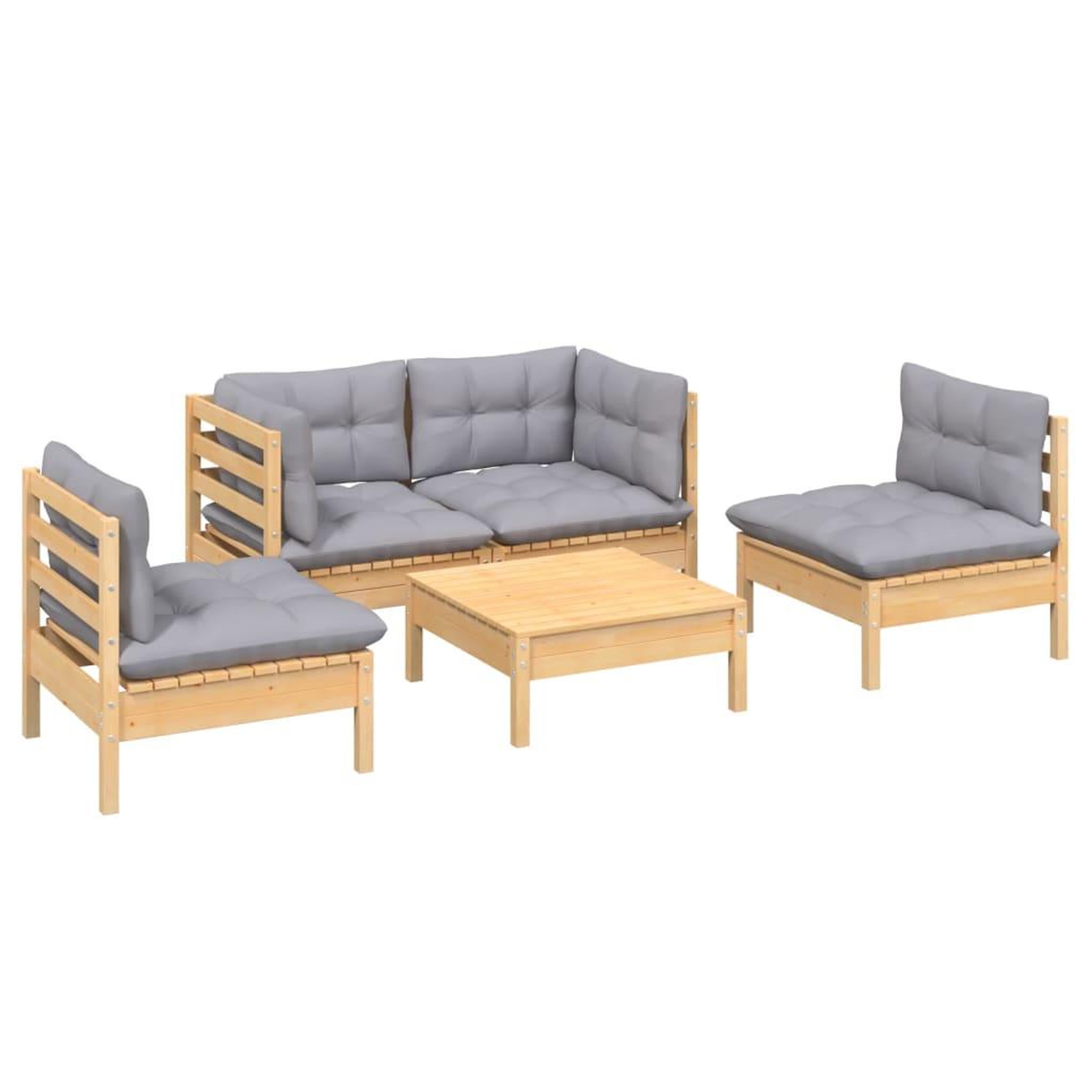 Voir la diapositive 3 : VIDAXL Salon de jardin 5 pcs avec coussins gris bois de pin massif