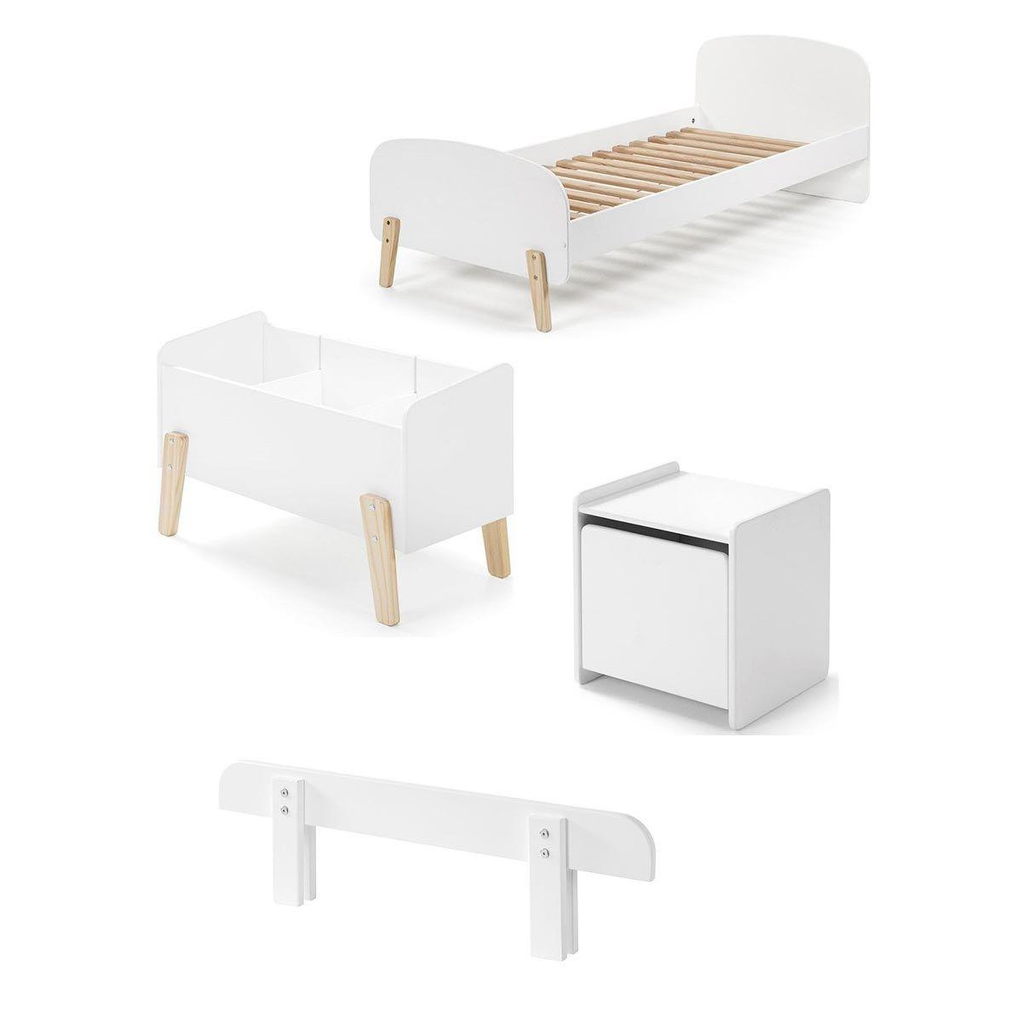 Paris Prix Pack - Lit Enfant, Chevet, Barrière & Coffre  Kiddy  90x200cm Blanc