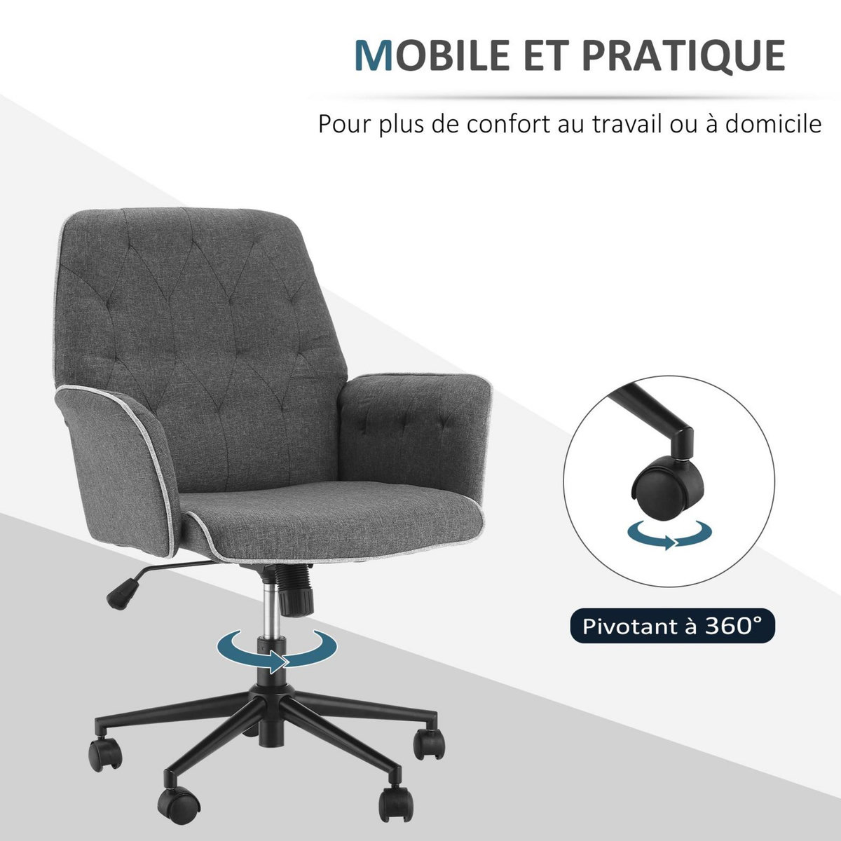 HOMCOM Fauteuil de bureau chaise de bureau hauteur réglable roulettes pivotant 360° tissu chanvre 69L x 66l x 89,5-97H cm gris chiné