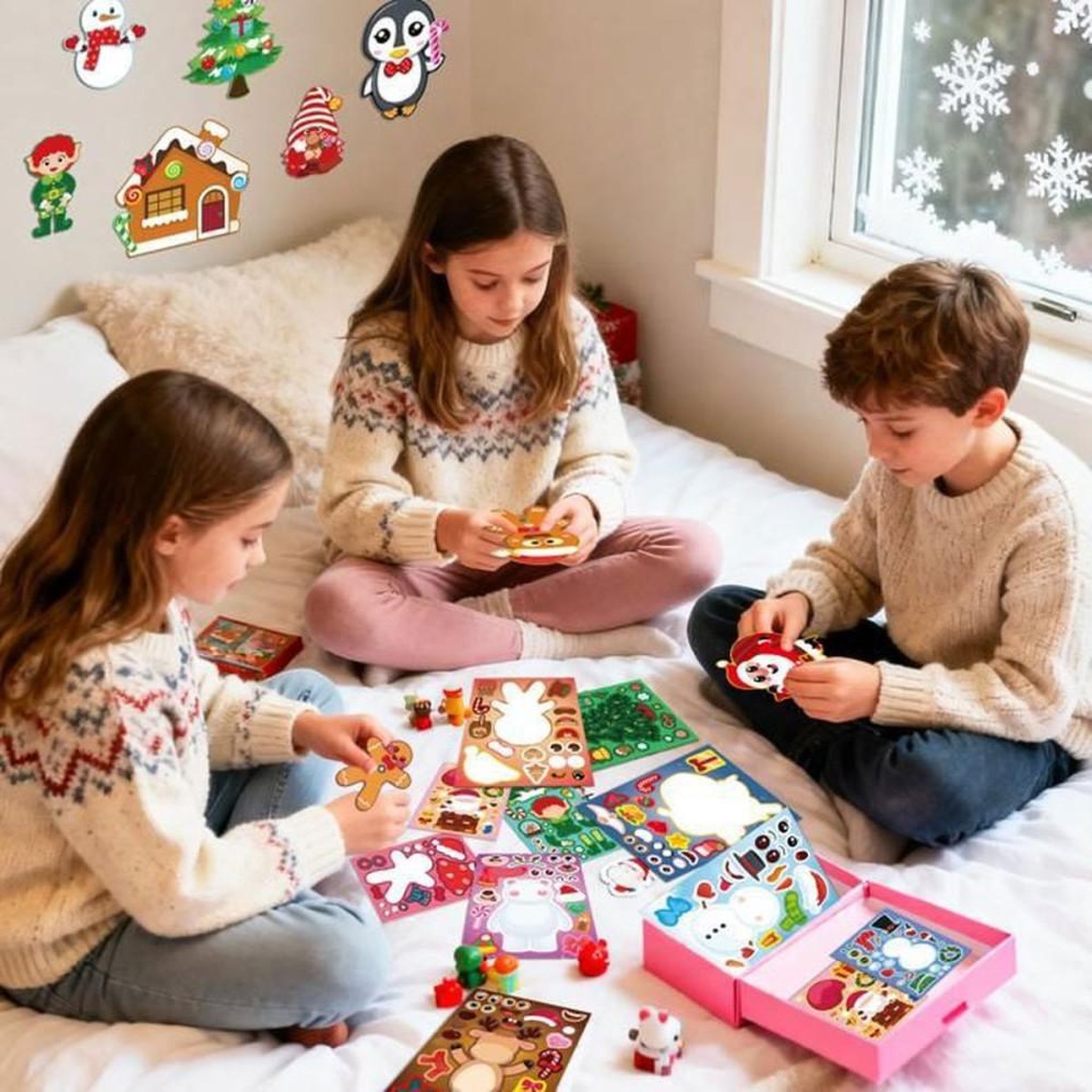 Voir la diapositive 4 : Set de stickers Noël DIY 32 pièces, 16 motifs colorés (Père Noël, rennes, bonhommes en pain d'épices)