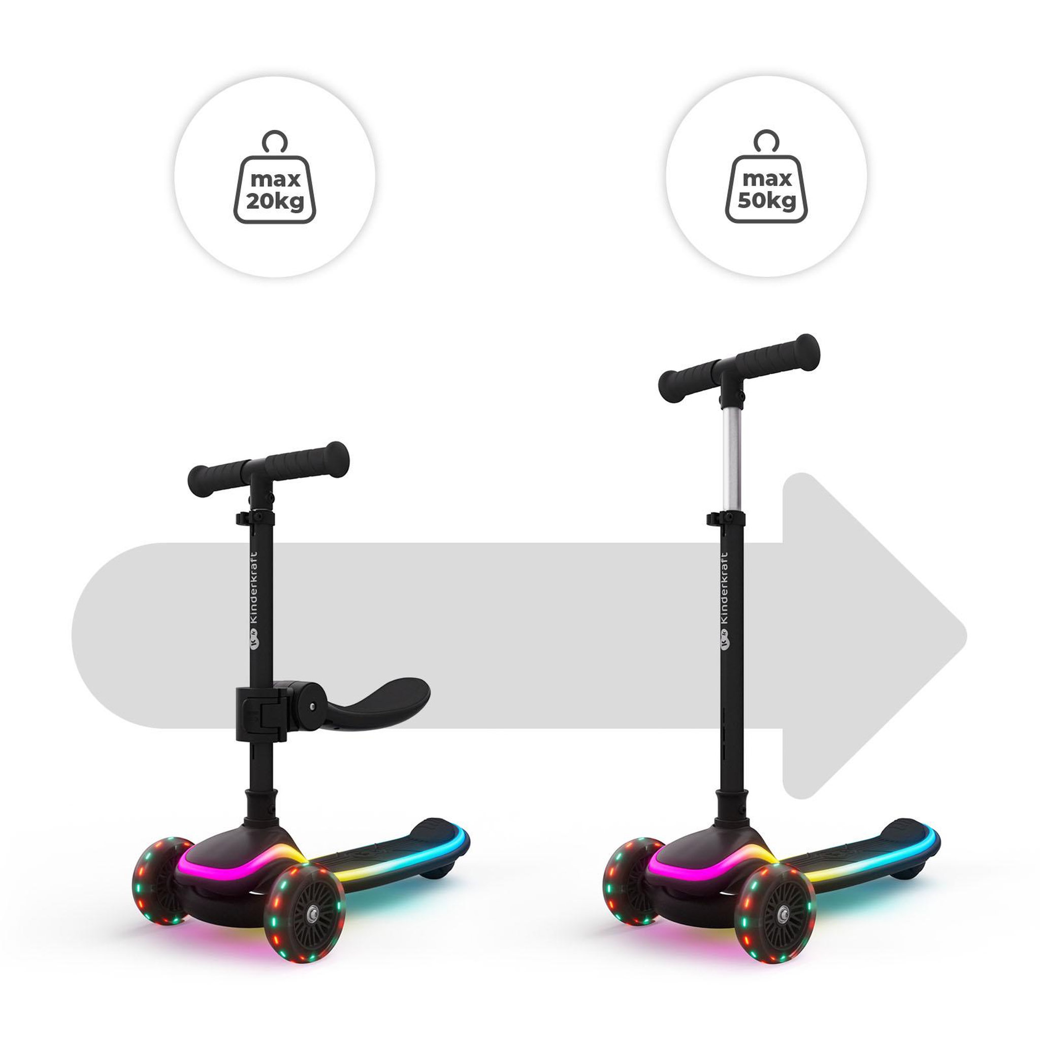Voir la diapositive 2 : KINDERKRAFT Trottinette Kinderkraft RAKET UP 2-en-1 avec siège réglable, roues RGB LED, plateau lumineux, pliable dès bébé, Noir