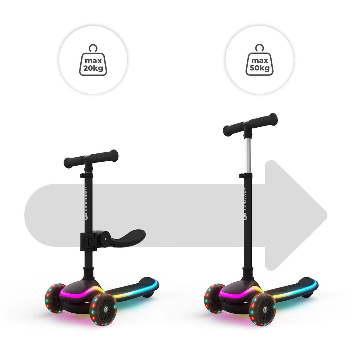 KINDERKRAFT Trottinette Kinderkraft RAKET UP 2-en-1 avec siège réglable, roues RGB LED, plateau lumineux, pliable dès bébé, Noir