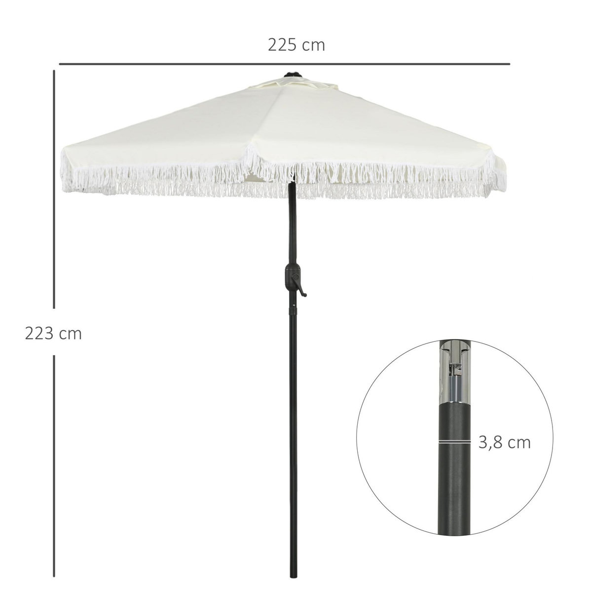 OUTSUNNY Parasol inclinable de jardin Ø 225 cm style bohème à franges crème