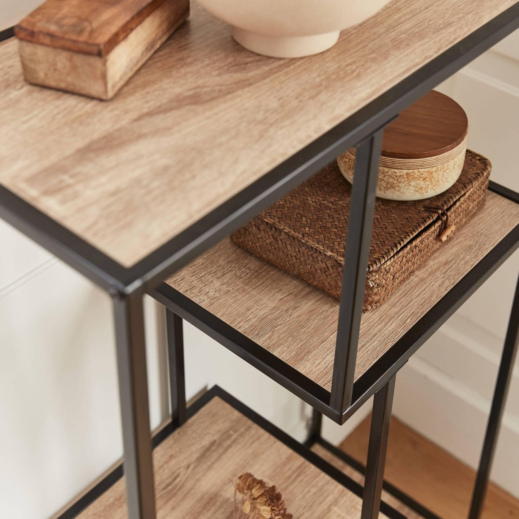 Voir la diapositive 3 : SWEEEK Etagère en métal noir et décor bois - Loft - bibliothèque 4 niveaux. L 69 x l 33 x H 113.5cm