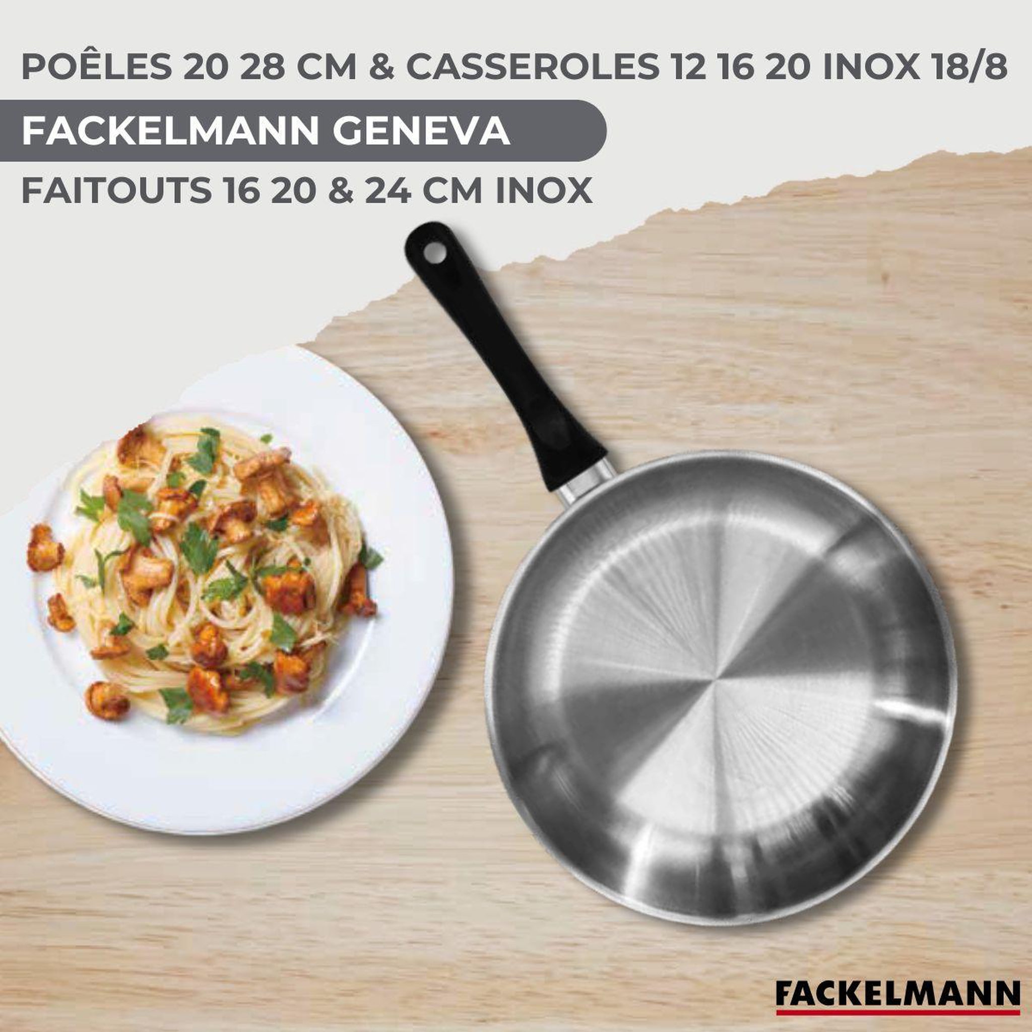 Voir la diapositive 2 : Fackelmann Batterie de cuisine avec 2 poêles 20/28 cm 3 casseroles 12/16/20 cm et 3 faitouts 16/20/24 cm en inox sans pfas fackelmann généva brillant