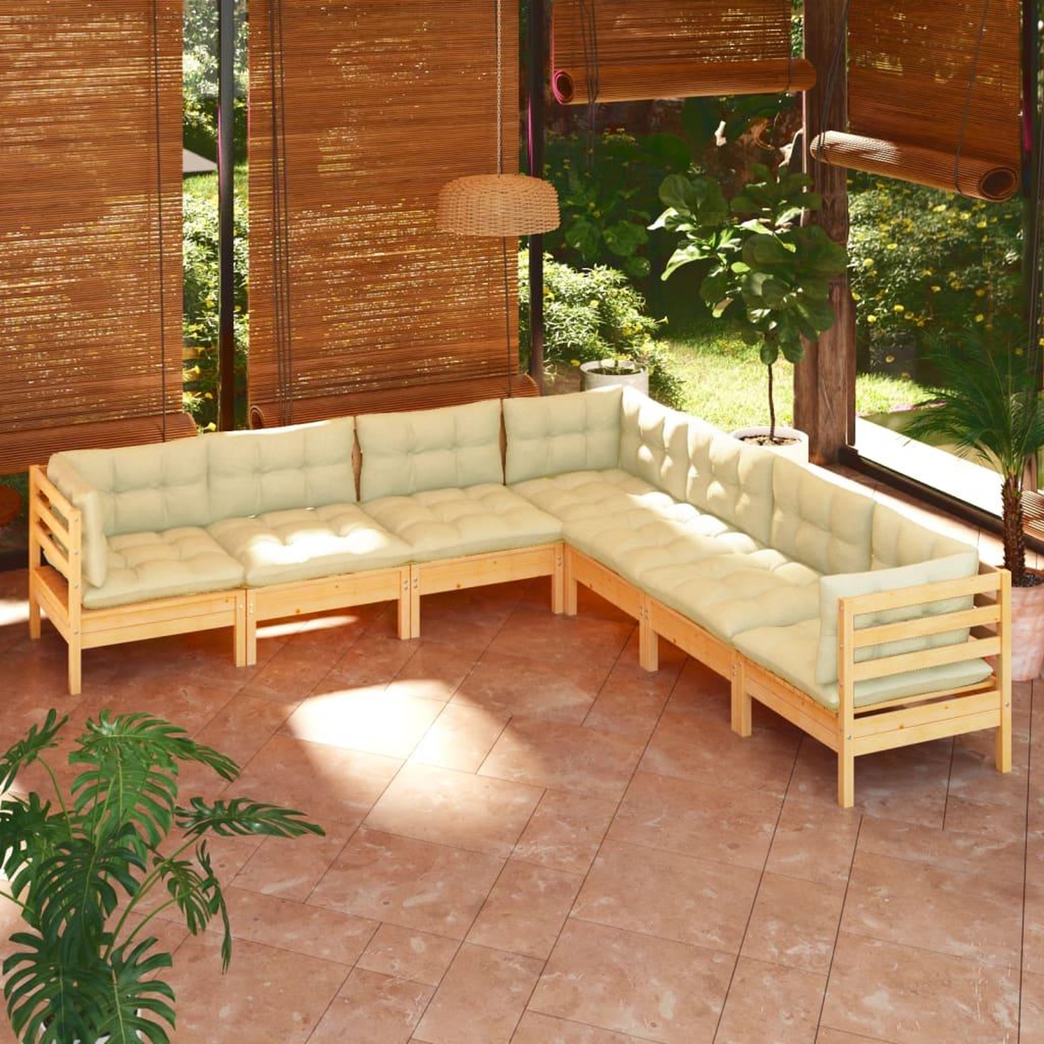 Voir la diapositive 1 : VIDAXL Salon de jardin 7 pcs avec coussins creme bois de pin massif