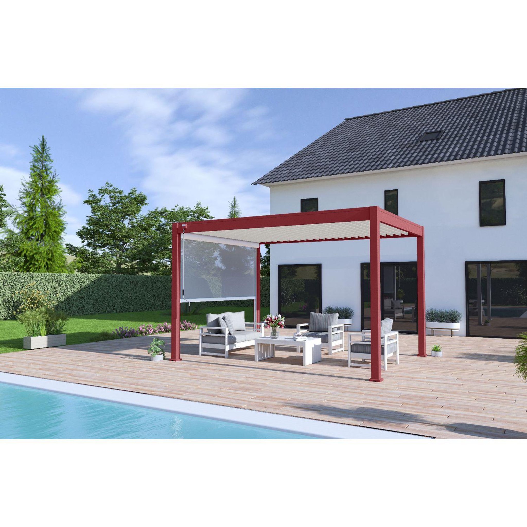 Voir la diapositive 2 : Pergola Bioclimatique autoportée 3x4 m - Aluminium - Rouge basque/blanc -  VS OmBREA®