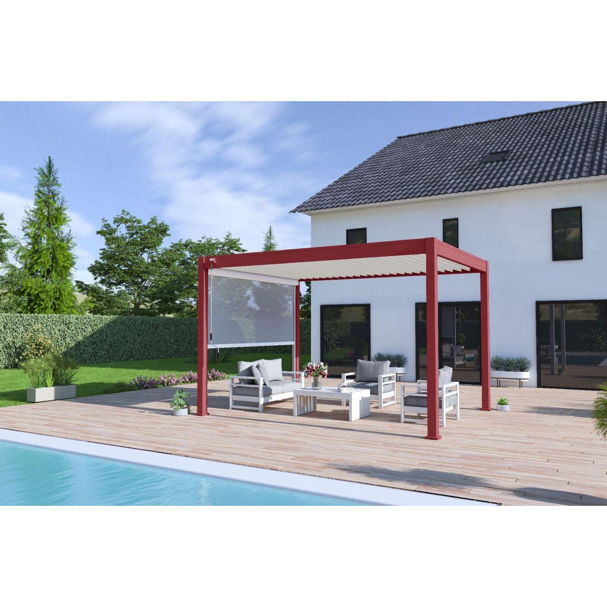 Pergola Bioclimatique autoportée 3x4 m - Aluminium - Rouge basque/blanc -  VS OmBREA®